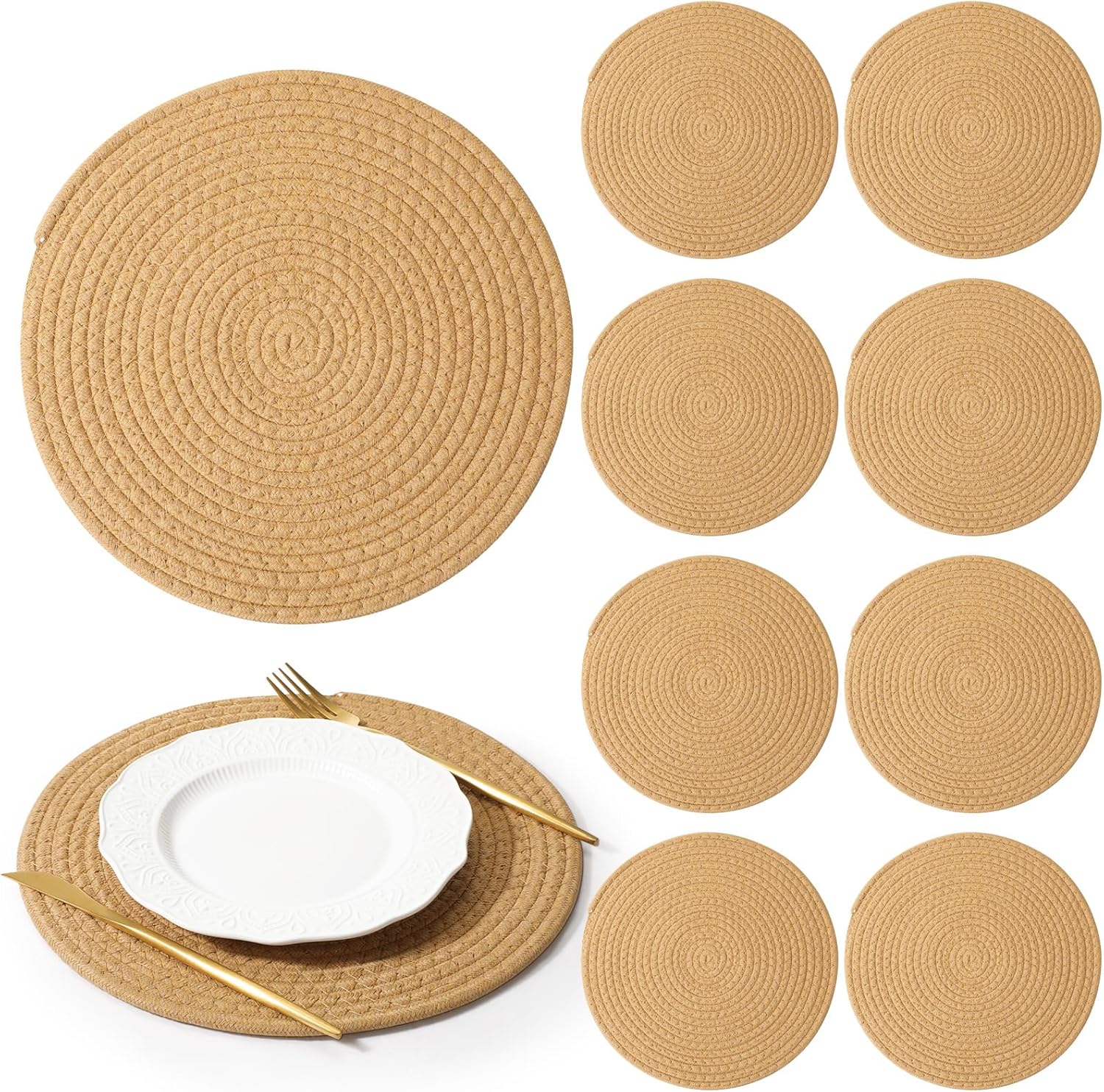 Suclain 10 Pcs Cotton Woven Round Placemats 12 Inch Farmhouse Round Place Mats