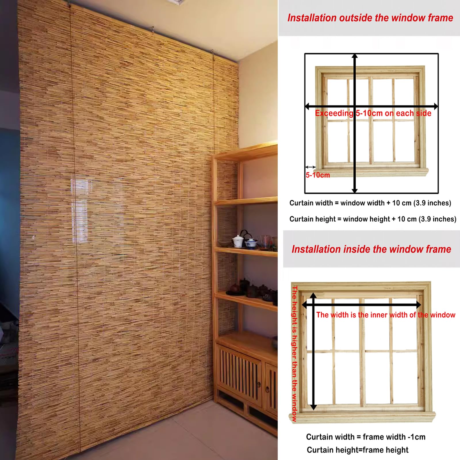 Stores enrouleurs en bambou naturel faits à la main - Stores vénitiens d'intérieur et d'extérieur respirants avec accessoires (135 x 320 cm) - Revêtement de fenêtre respectueux de l'environnement