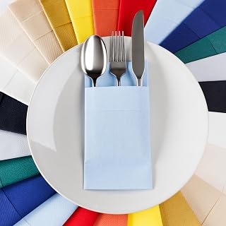 AMERICAN HOMESTEAD Pocket Dinner Napkins – 50 Pack, 15.75" x 15.75" Linen-Feel Airlaid Paper – Pre-Folded with Silverware Pocket – Disposable Baby Shower & Party Napkins (Light Blue)
