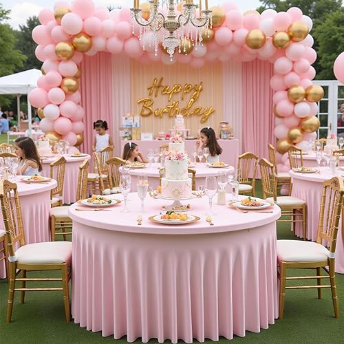 Miniatura 4 de Paquete de 6 manteles redondos de elastano rosa para mesa de 60 pulgadas, manteles elásticos ajustables de 120 pulgadas de 5 pies, manteles redondos