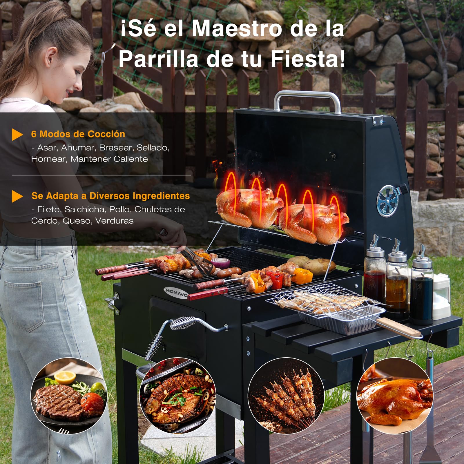 Barbacoa de Carbón, Parrilla con Tapa de Acero de 56×42,5 cm, Bandeja Ajustable en Altura, Mesa Lateral Plegable, Incluye Funda