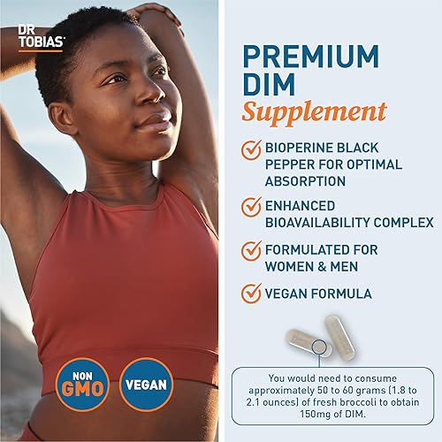 Miniatura 4 de Dr. Tobias Complejo DIM, equilibrio hormonal para mujeres y hombres, suplemento DIM con bioperina, extracto de brócoli y D-glucarato de calcio,