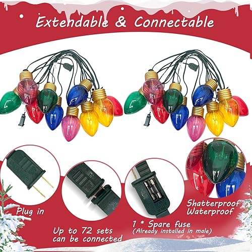 Miniatura 3 de Tira de luces LED multicolor de Navidad de 16 pies para exteriores con 10 bombillas C7 transparentes jumbo multicolor, luces de Navidad colgantes
