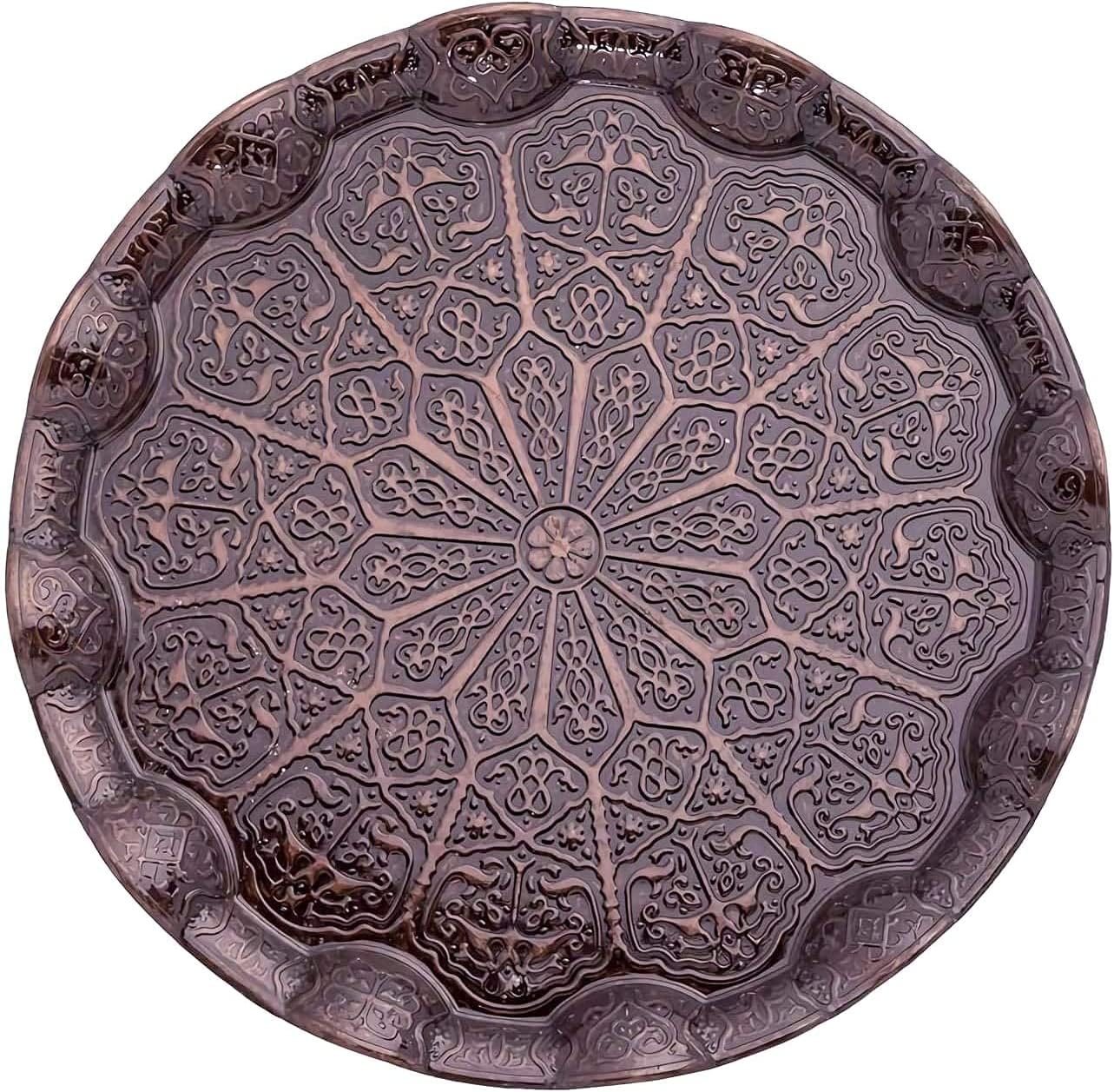 HAVLULAND Decorative Metal Serving Tray Round 14" Round Tea Trays Bathroom Organizer Vanity Tray Marble Tray Bar Trays Vintage Tray Coffee Serving Trays - Copper