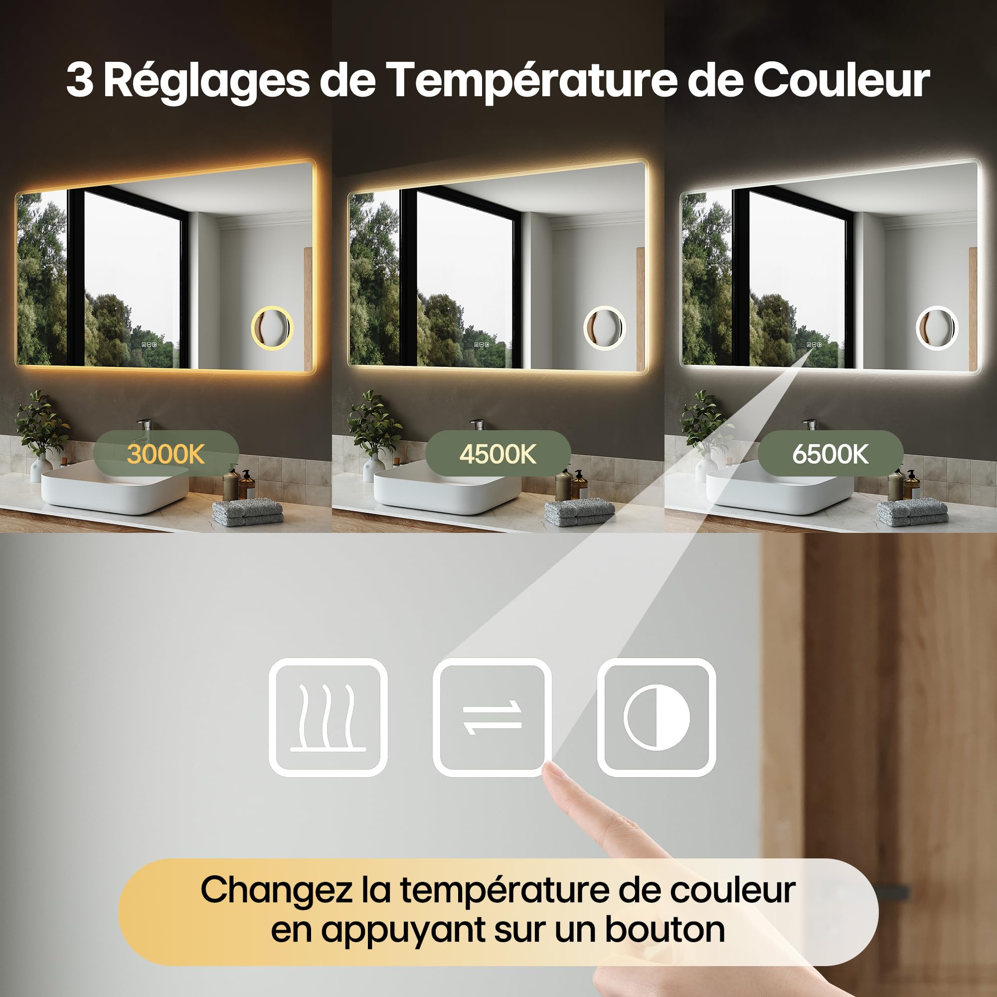 Sirhona - Specchio da bagno con illuminazione di 140 x 80 cm, luminosità regolabile e 3 colori regolabili, antiappannamento, memoria, IP44, supporto, ingrandimento 3X, specchio connesso per bagno