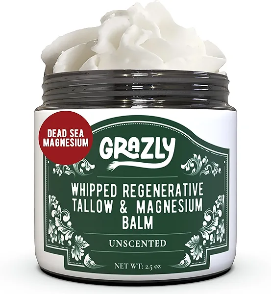 Grazly Whipped Beef Tallow for Skin w/Dead Sea Magnesium, Manuka Honey & Jojoba Oil - Grass Fed Beef Tallow Balm - Body & Face Moisturizer for Dry, Sensitive Skin - Unscented - 2.5oz