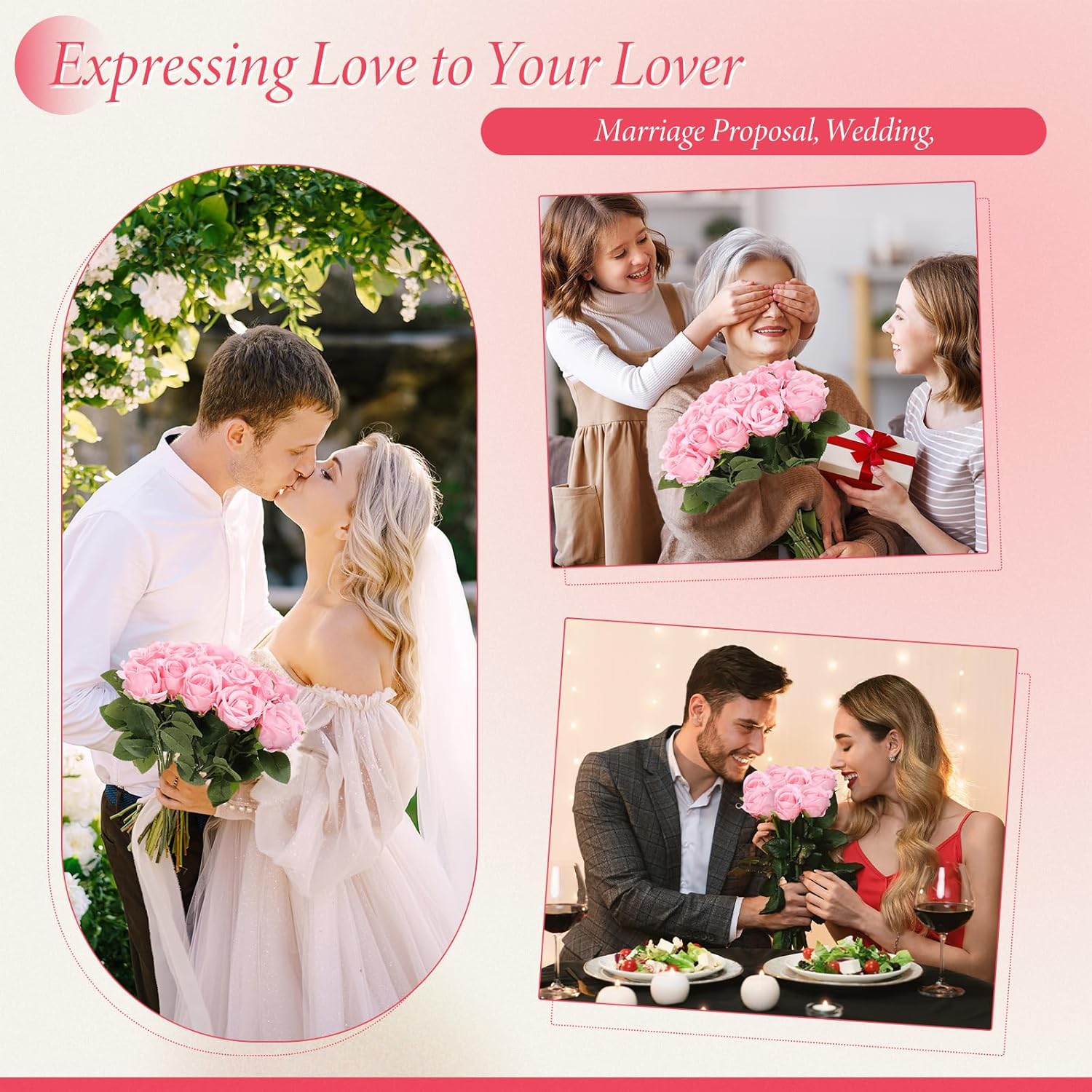 Hotop 40 Pcs Rose Artificial Flowers Bulk with Long Stem,Realistic Silk Fake Roses Bouquet for Home Wedding Centerpieces Party Table Decoration Valentines Gifts(Pink) - Image 6