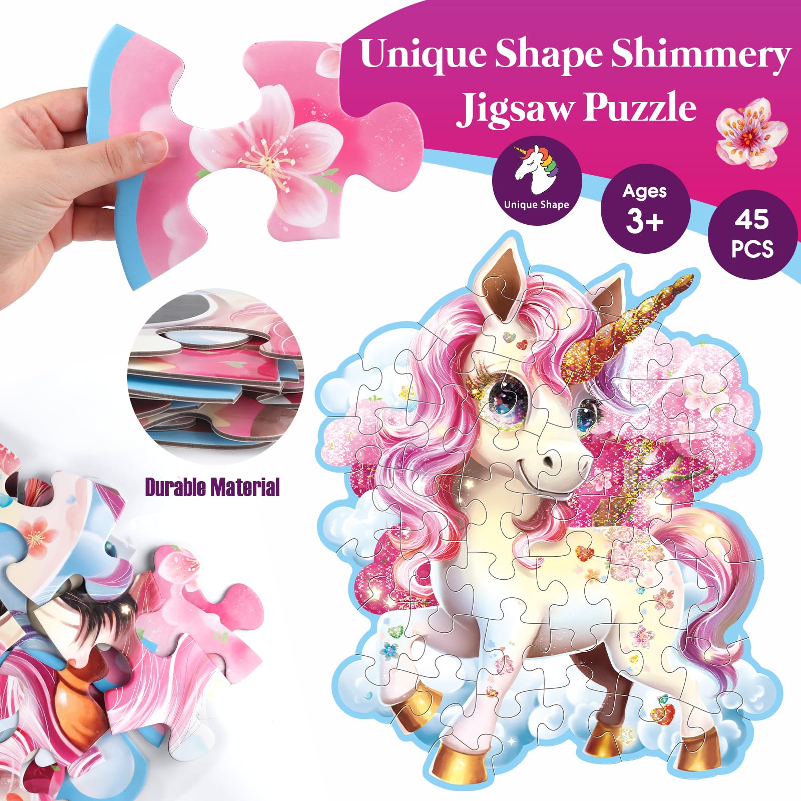 Jumbo Shimmery Floor Puzzle for Kids,Unicorn Jigsaw Large Puzzles,45 Piece Unicorn Puzzle for Toddler Ages 3-5,Children Learning Preschool Educational Toys,Birthday Gift for 4-8 Years Old - Image 3