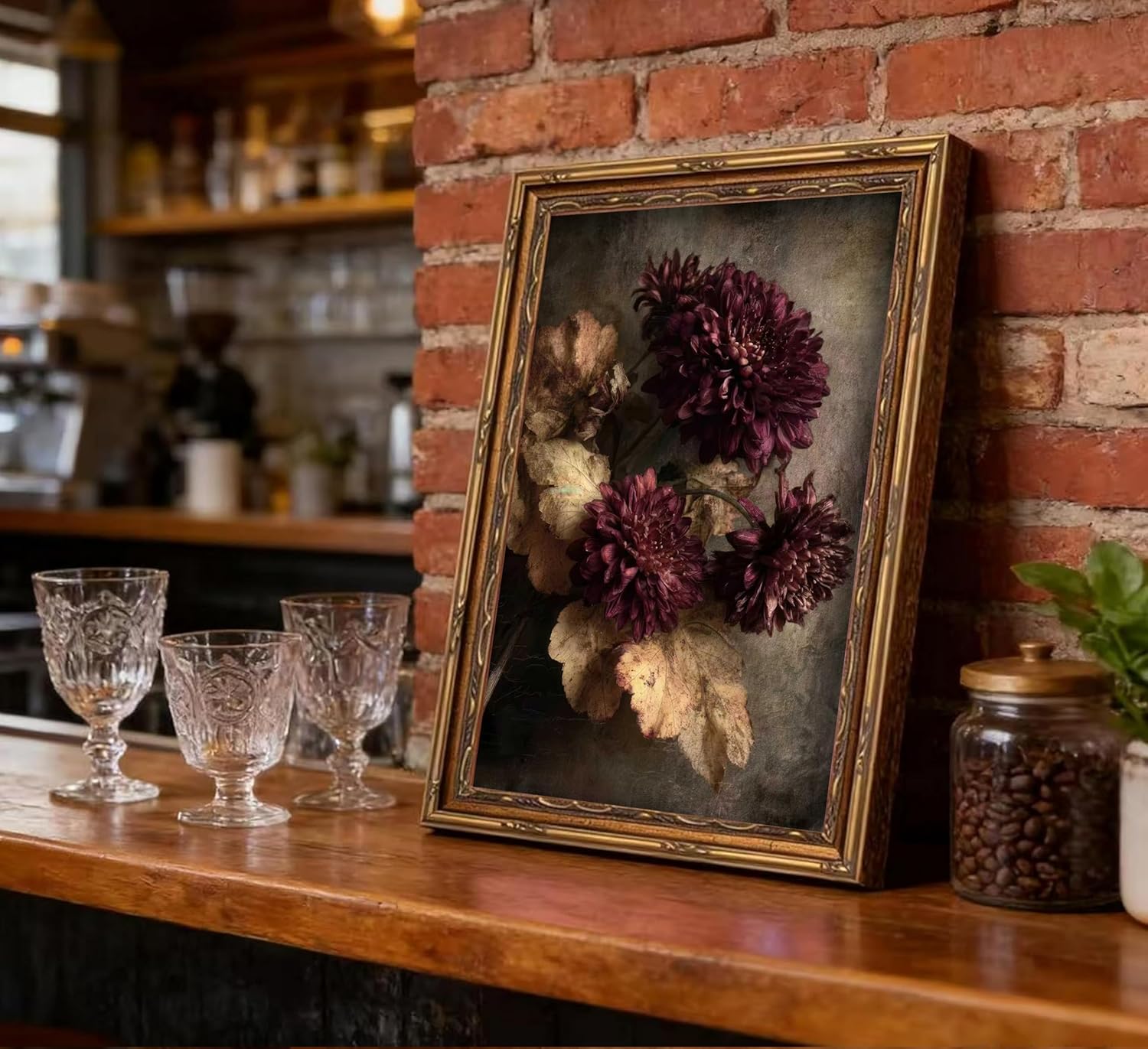 Vintage Gold Framed Moody Flowers Wall Art Dark Rustic Wildflowers Painting Canvas Prints Burgundy Abstract Floral Botanical Still Life Picture Poster Farmhouse Maroon Scenery Artwork for Living Room