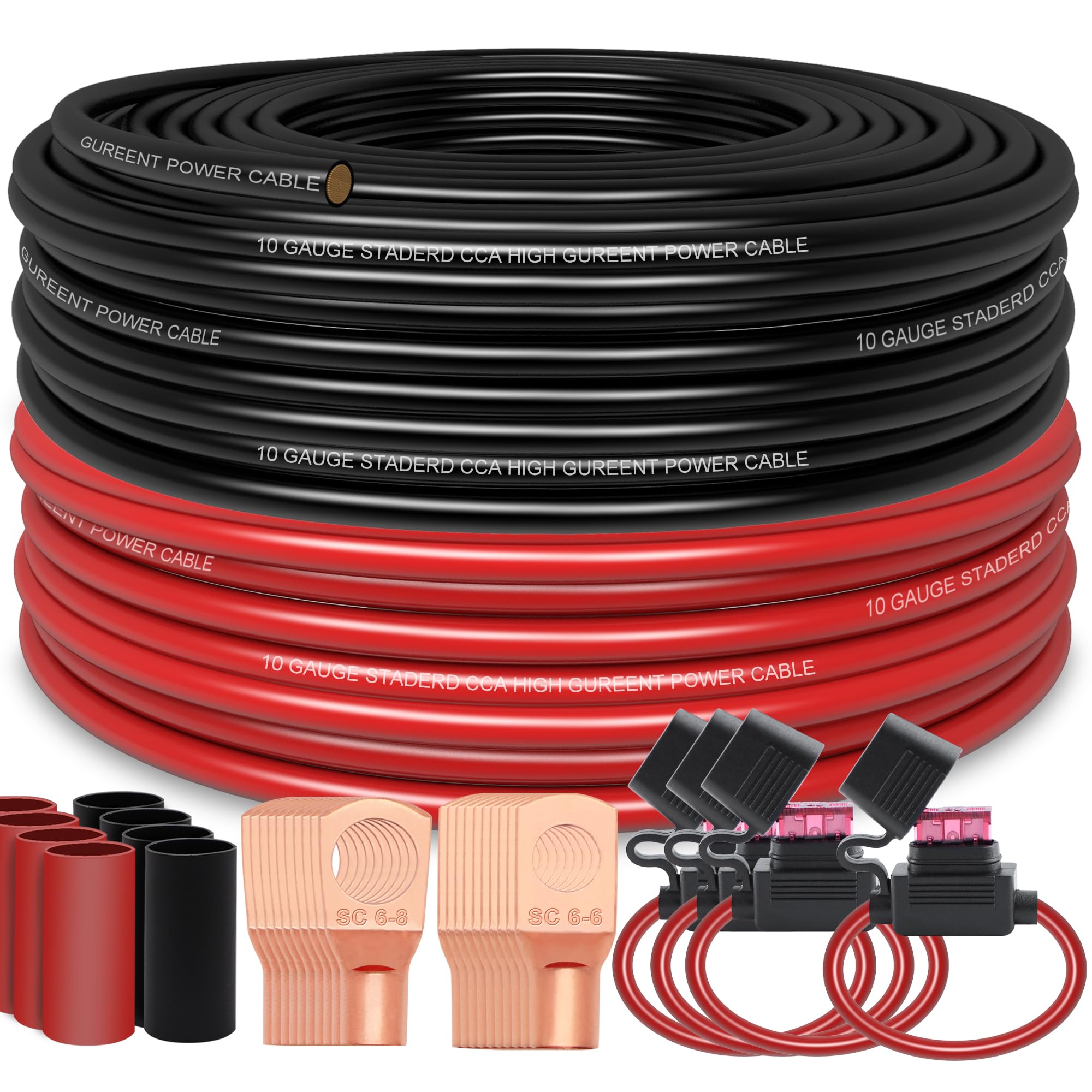 Taigoehua 100FT 10 Gauge Wire (50ft Each- Black/Red) 4 40A Fuse Holder/20 Lugs/ 3:1 Heat Shrink Tube-Copper Clad Aluminum CAA-Primary Automotive Wire,Car Amplifier Power & Ground Cable