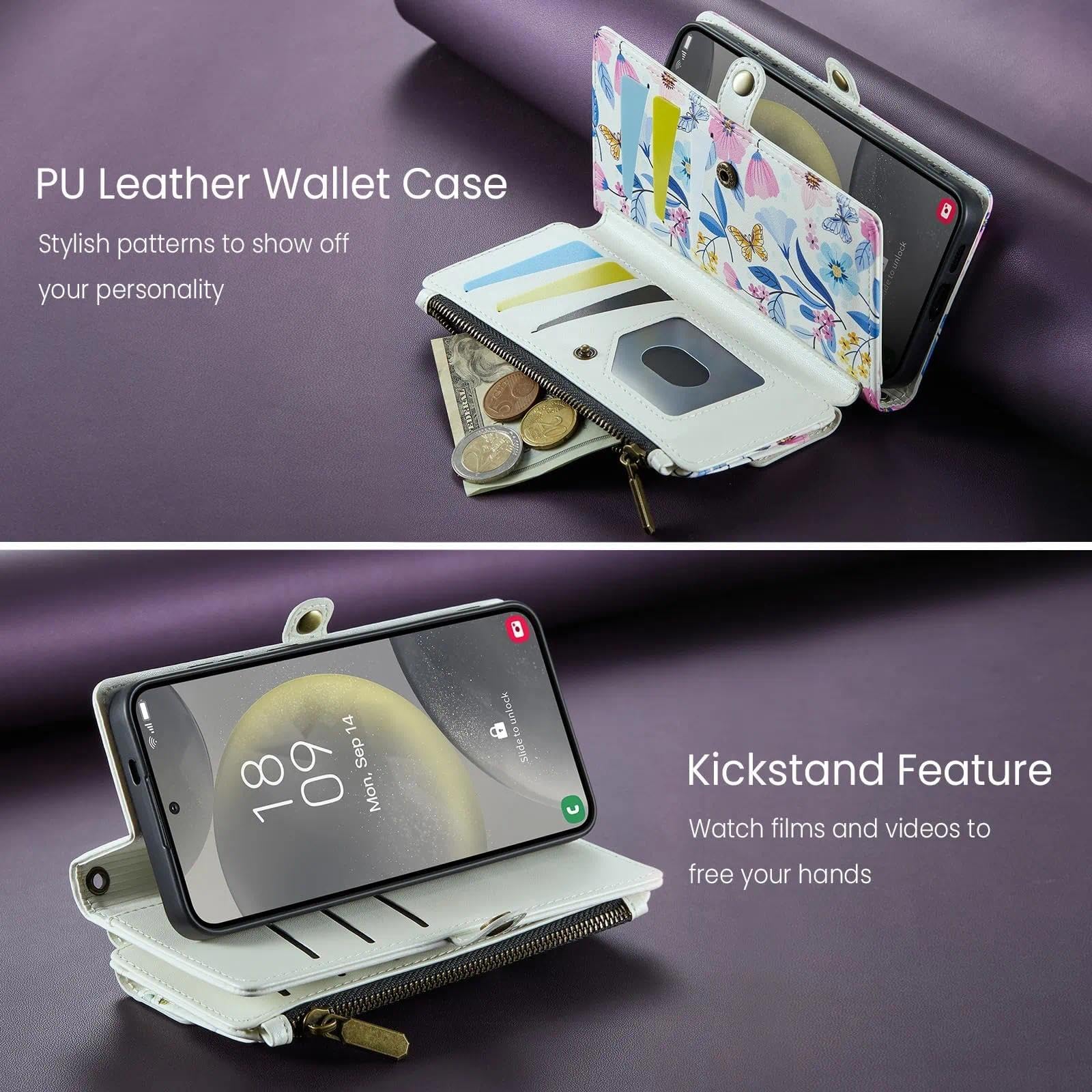 Custodia a portafoglio per Samsung Galaxy S26 Plus con blocco RFID, disegno colorato, in pelle PU, chiusura magnetica, chiusura a cerniera, custodia per telefono adatta per Galaxy S26+, fiori