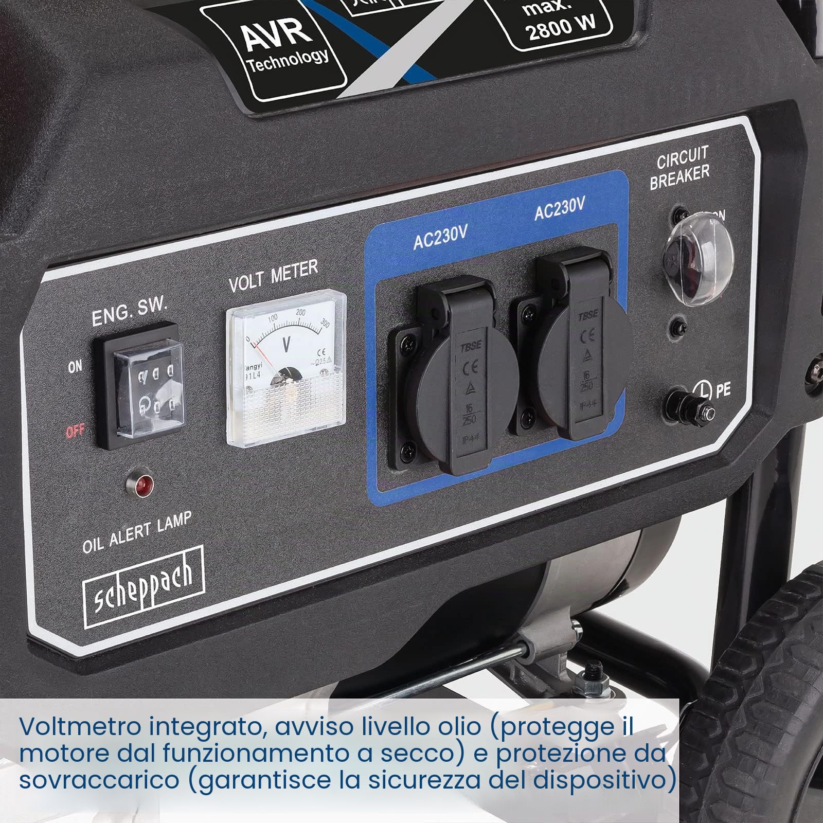 Scheppach SG3200x Generatore di corrente | Generatore di corrente di emergenza 2800W | Potenza 6CVX | Serbatoio 15L | Motore a 4 tempi 212 cm³ | 2 prese 230V | Maniglia e dispositivo di spostamento