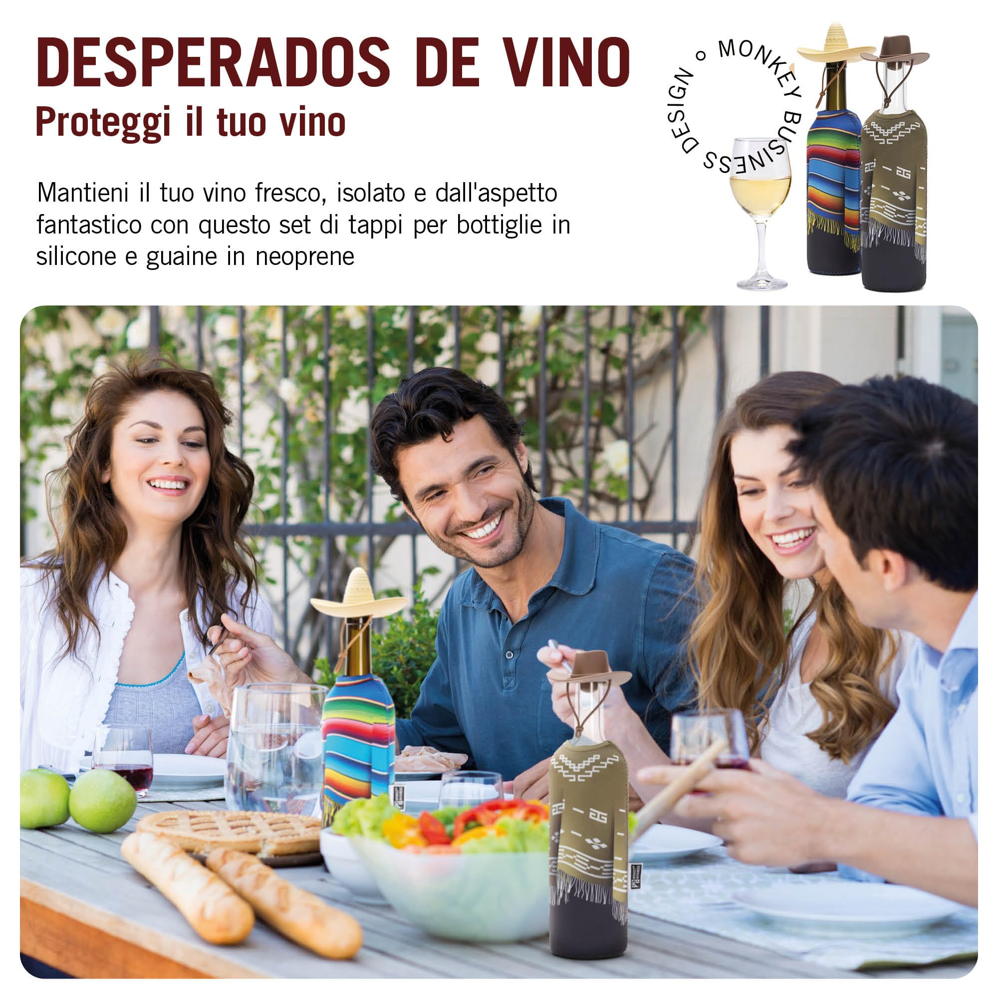 Monkey Business Gift Set per Amanti del Vino – 2 Tappi in Silicone + 2 Poncho in Neoprene per Bottiglie 750 ml – Isolamento per Bottiglia Aperta + Tema Wild West
