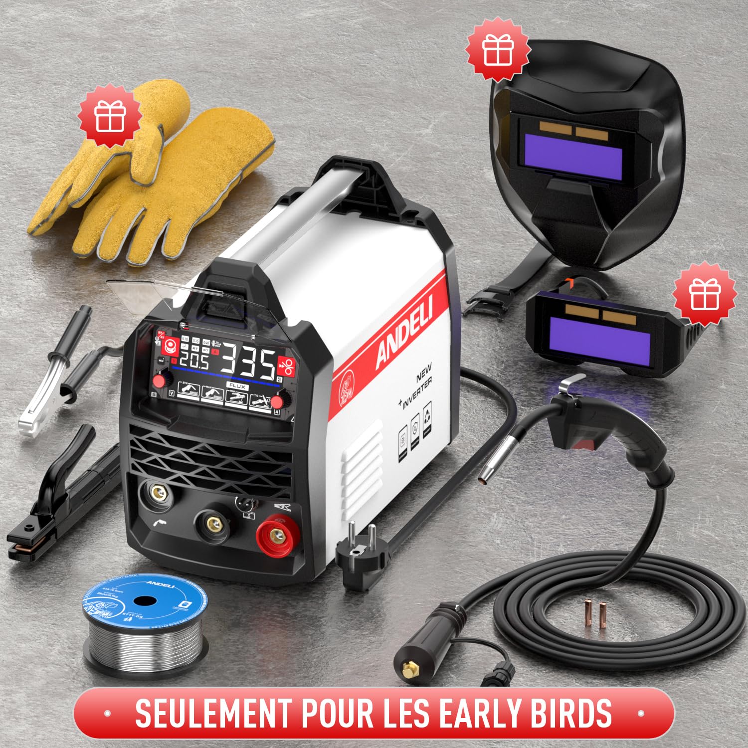 ANDELI Poste à Souder 135A 4-en-1 avec fil fourré et fonction pulsée – MIG sans gaz, TIG Lift et MMA – Kit complet incluant casque et gants, écran LED et système synergie, prêt à l’emploi sur 230V
