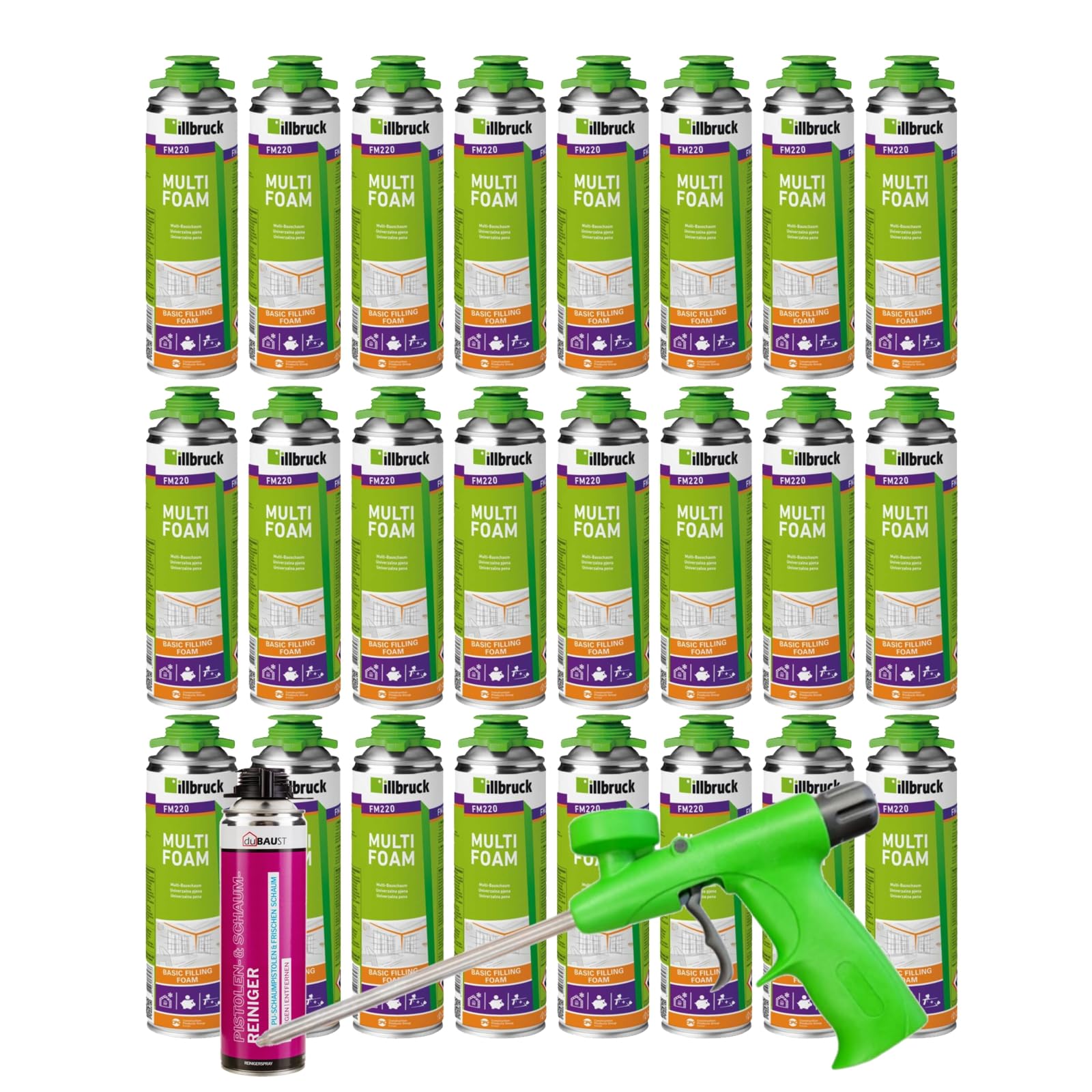 FM220 Pianki konstrukcyjne do okien o wysokiej izolacji akustycznej, izolacja cieplna, 500 ml, pianka montażowa (ze środkiem czyszczącym AA290 + standardowy pistolet piankowy, 24 x 500 ml)