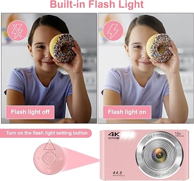 Digital Camera, FHD 4K Autofocus Digital Camera Pink with 64GB SD Card 16X Zoom, 2026 Upgraded Compact Cameras for Photography Point and Shoot Small Camera for Teen Boys Girls Kids Travel Adventures
