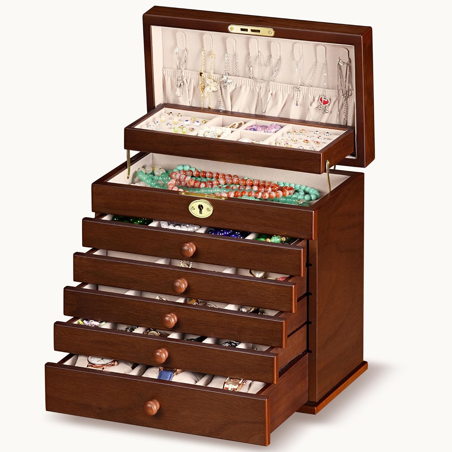 Jewelry Boxes and Organizers - Large Wooden Lockable Cabinet with Key, 8-Layer dresser top jewelry organizer, Vintage Jewelry box for Women and Men GiftIdea - Image 9