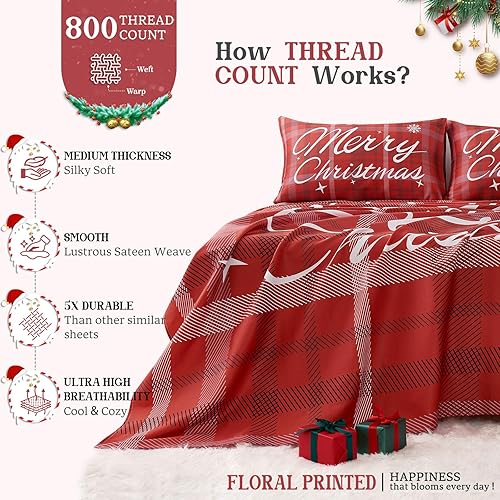 Miniatura 2 de YIYEA Sábanas de 100 % algodón tamaño matrimonial, sábanas de Navidad, sábanas de Navidad de 800 hilos de lujo vibrante, bolsillo profundo de 16