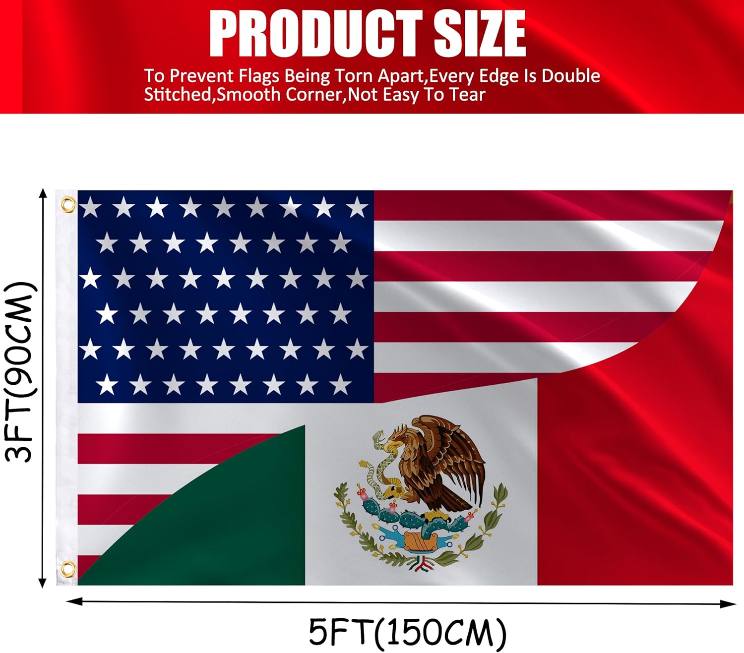Double-Sided America and Mexico Friendship Flag 3x5 FT with 19.69FT Ribbon - USA & Michoacán Mexican Flag Banner, Double Stitched with Brass Grommets for Indoor Outdoor Decor - Image 2
