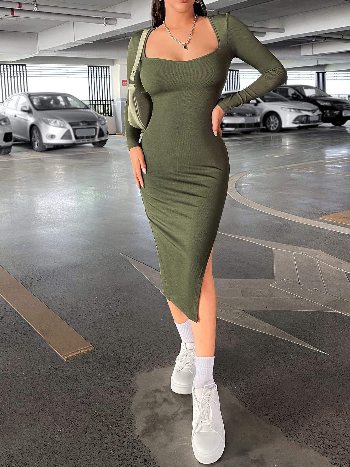 Amazon.com: Women's Dresses Square Neck Split Thigh Bodycon Dress Dress for  Women (Color : Army Green, Size : Medium) : Clothing, Shoes & Jewelry