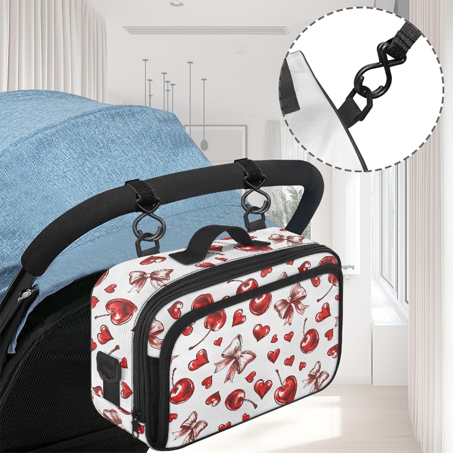 Zanxaintu Heart Cherry Bow Small Stroller Diaper Bag Diaper Bags with Hooks Accessories Crossbody Diaper Bag for Outdoor Travel Lightweight Stroller Accessories