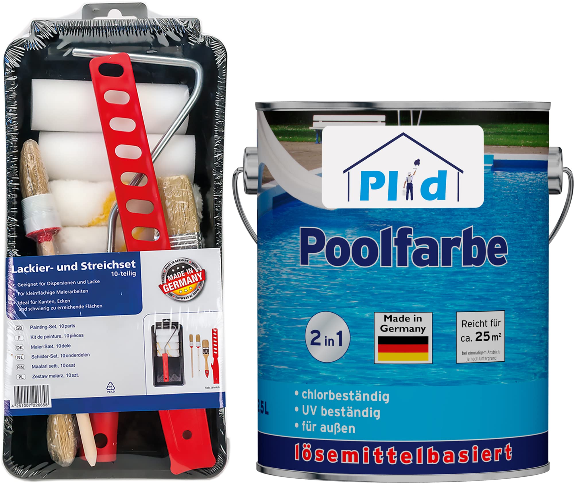 plid® Peinture de qualité supérieure pour piscine - Peinture sous-marine - Revêtement de piscine - Peinture béton imperméable - Bleu satiné - 2,5 l - Kit de peinture
