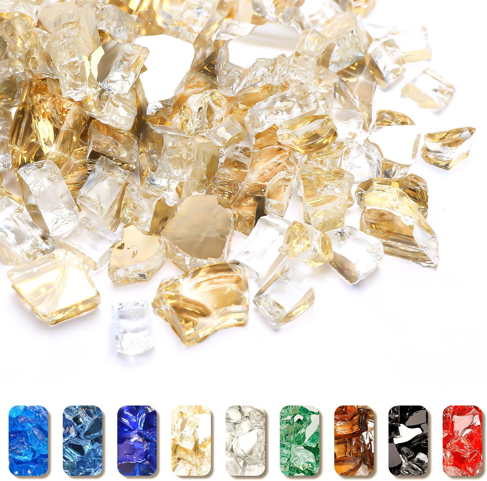 GRISUN Gold Fire Glass for Fire Pit - 1/2 Inch High Luster Reflective Tempered Glass Rocks for Natural or Propane Fireplace, Safe for Outdoors and Indoors Firepit Glass, 10 Pounds