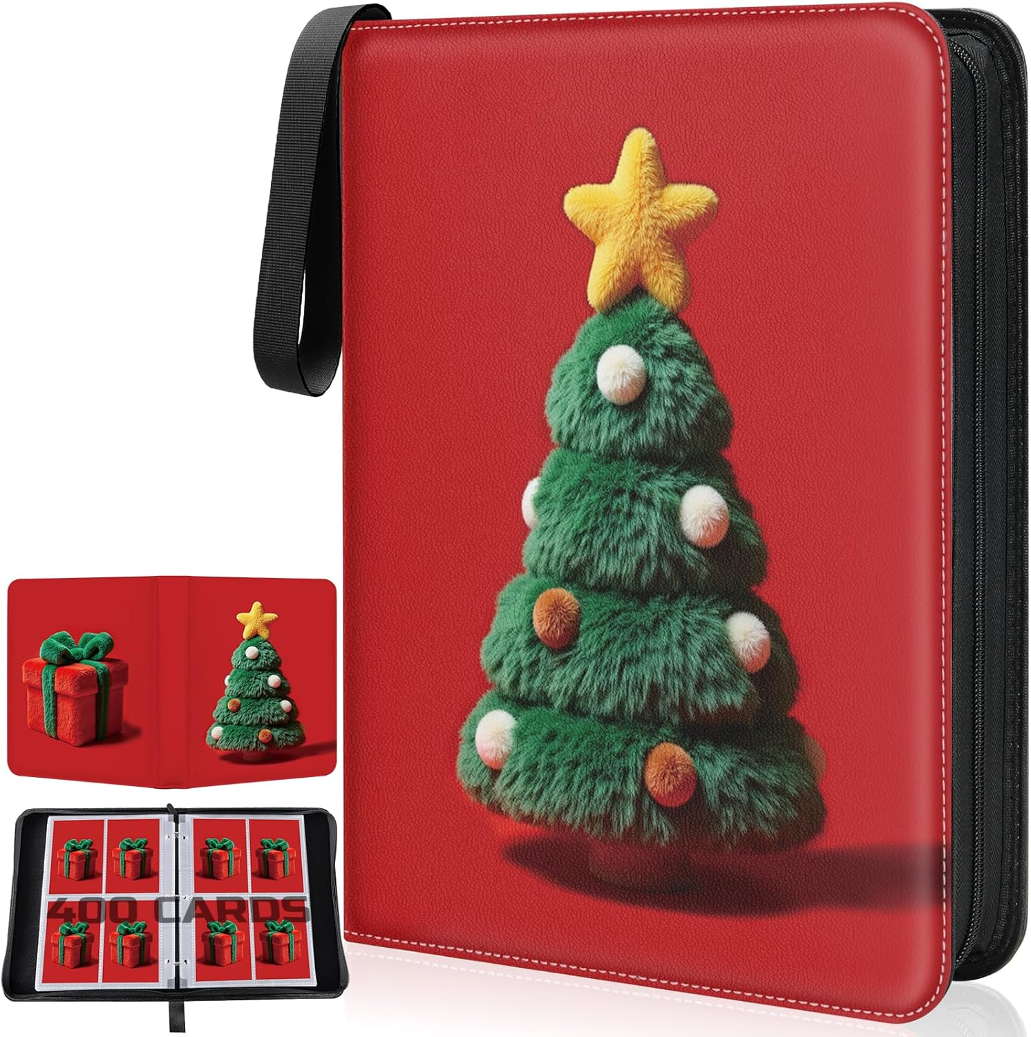 4-Pocket Trading Card Binder with Zipper Closure, Holds 400 Cards with 50 Removable Sleeves, Christmas Gift for Boys & Girls Collecting Sports Cards, Photocards, or Game Cards Storage, Red