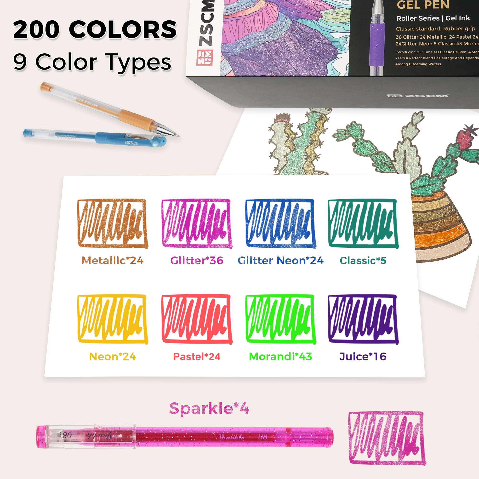 ZSCM 400 Packgelstifte für Erwachsenen Malbuch, 200 Künstlerfarben mit 200 Nachfüllungen, feiner Tipps Metallic Glitter Gel Stifte zum Zeichnen von Doodling Journaling Craft Art Supplies