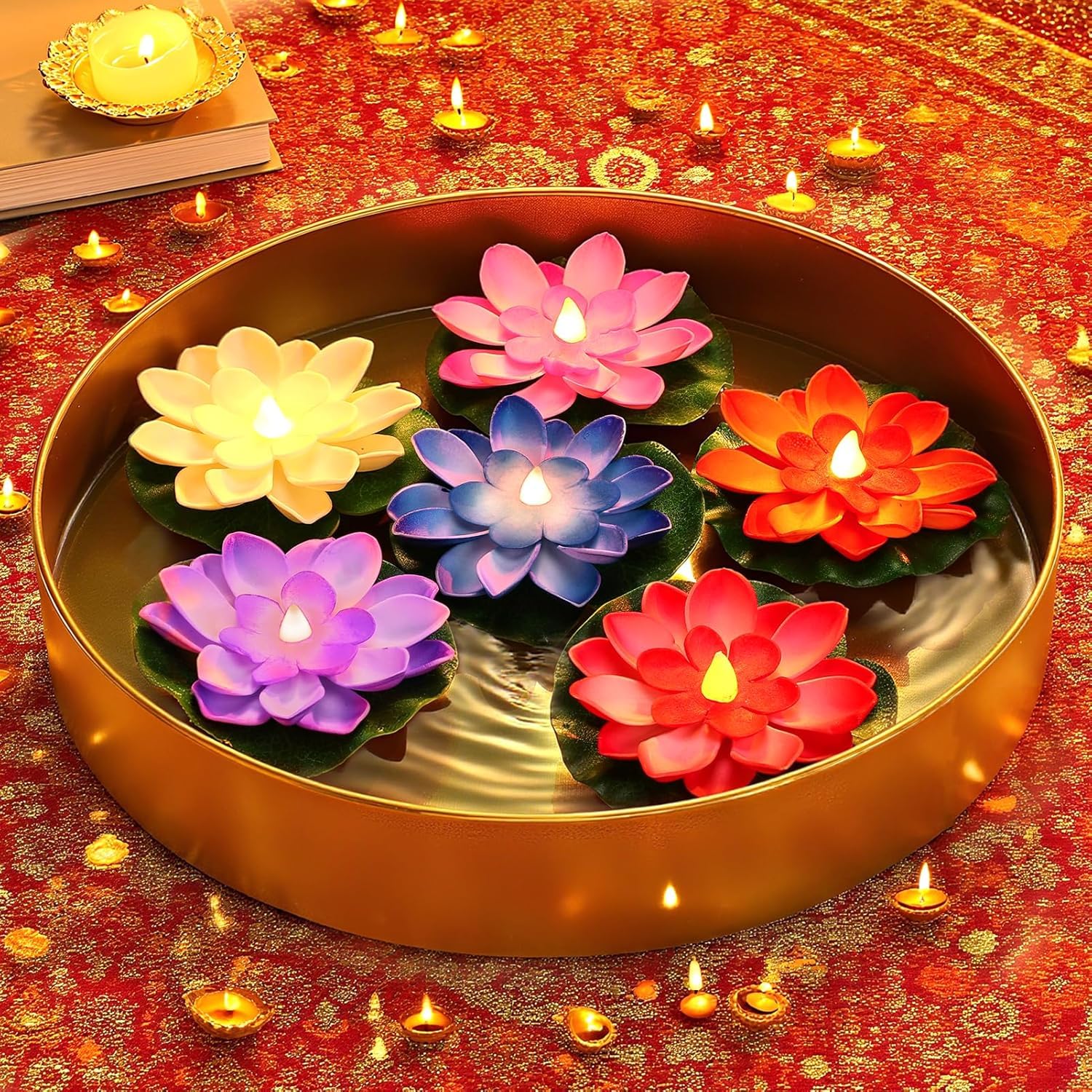 coku 6 Pack Floating Lotus LED Candles, Water Sensor Diya, 4" Multicolor Flower Lights, Water Activated Tea Lights for Diwali, Navratri, Durga Puja, Wedding, Pool, Urli Bowl, & Home Decor (Pack of 6)-image-27