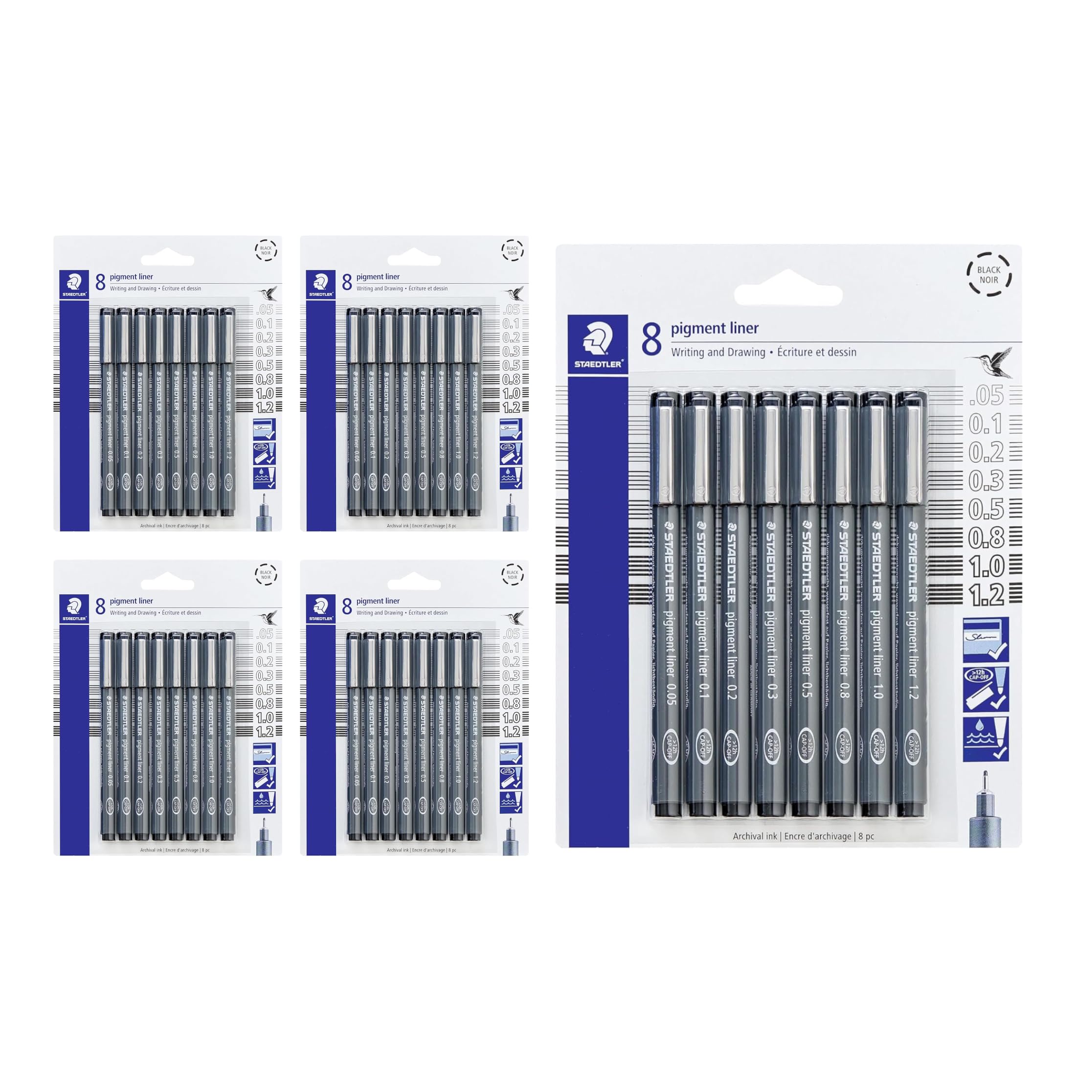 STAEDTLER Pigment Liner Fineliner Stifte, Schwarz, 5 Stück (insgesamt 40 Stück) | 8 verschiedene Spitzengrößen pro Set (0,05 mm – 1,2 mm), wasserfest, Zeichen- und Schreibstifte
