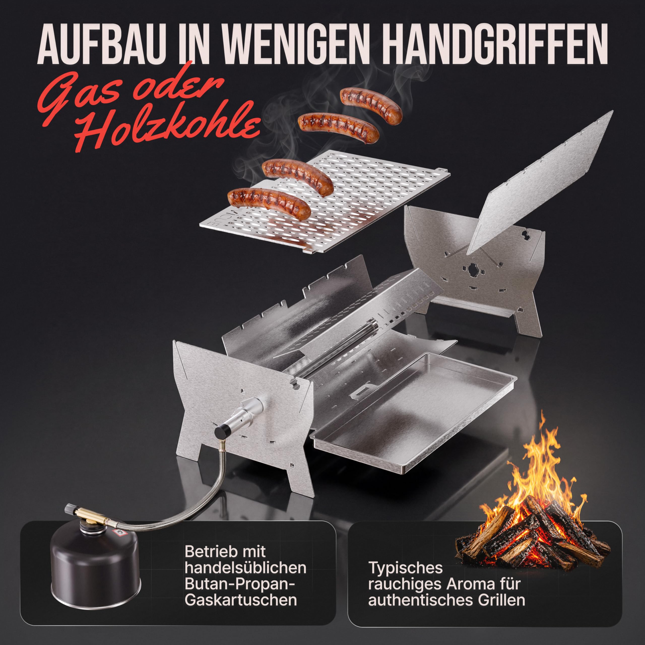 Grill | Mobiler Steck-Gasgrill – Tragbarer Edelstahlgrill mit Stecksystem – Gas- & Holzkohlebetrieb – Inkl. Tragetasche – Perfekt für Camping, Balkon, Garten & Outdoor - Camping Grill
