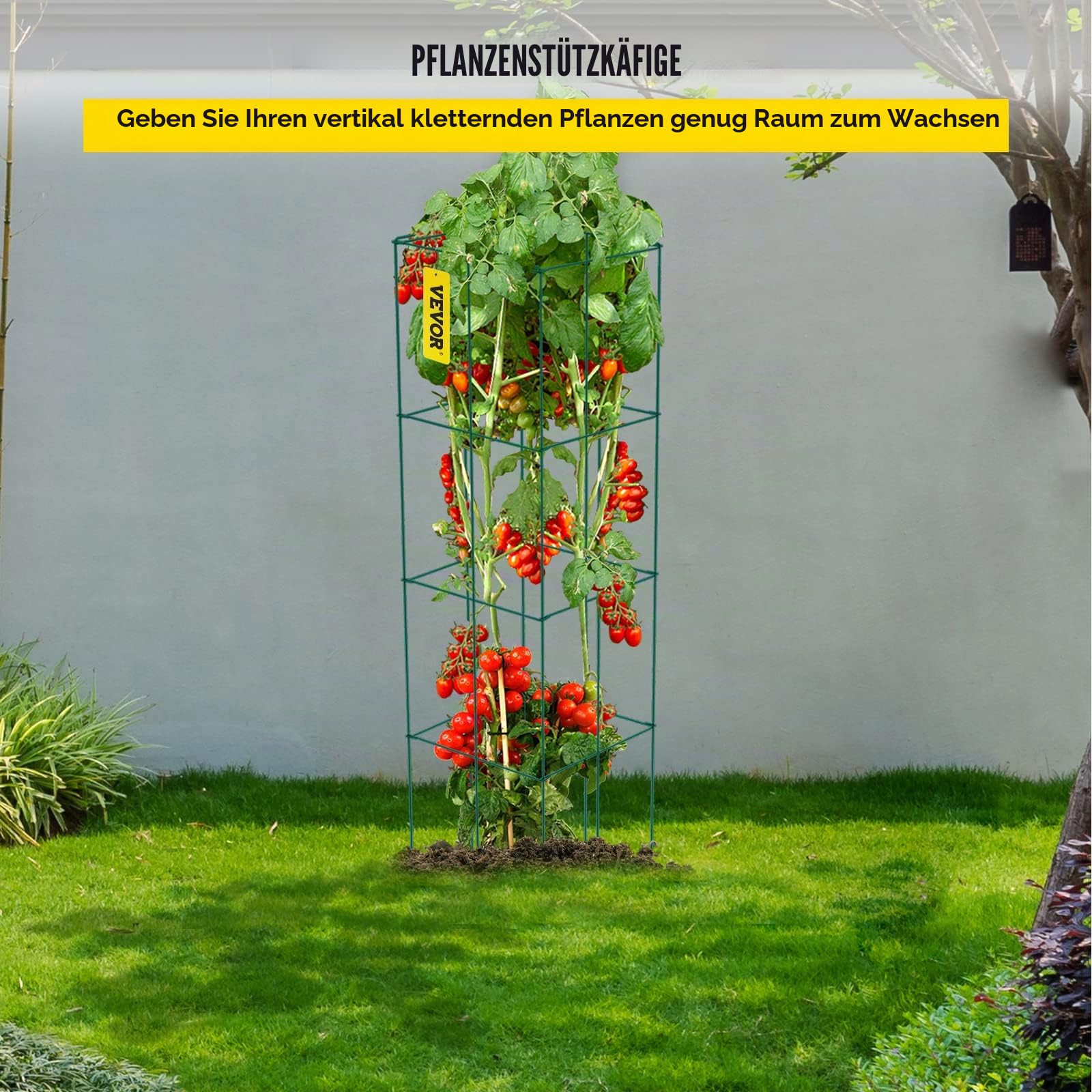 Tomatenkäfige, 37 x 37 x 100 cm, 6er-Set quadratische Pflanzenstützkäfige, robuste, grüne Tomatentürme aus PVC-beschichtetem Stahl zum Klettern von Gemüse, Pflanzen, Blumen und Früchten