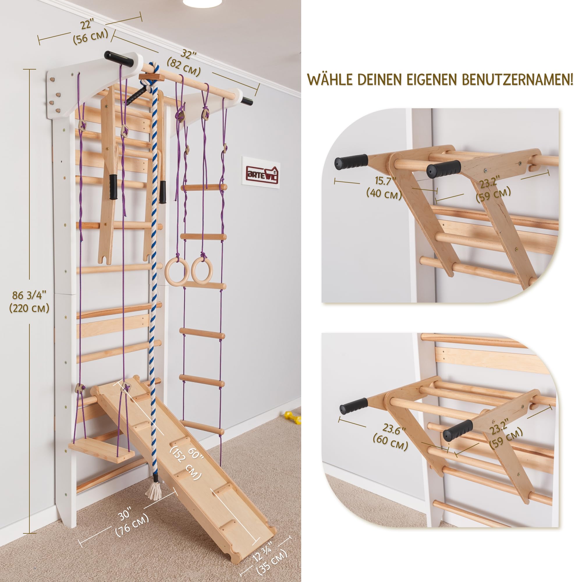 Sprossenwand Holz mit Rutsche & Schaukel - Indoor Klettergerüst für Kinder & Erwachsene - Turnwand mit Kletterbrett & Zubehör - Massiv bis 150kg (Weiß)