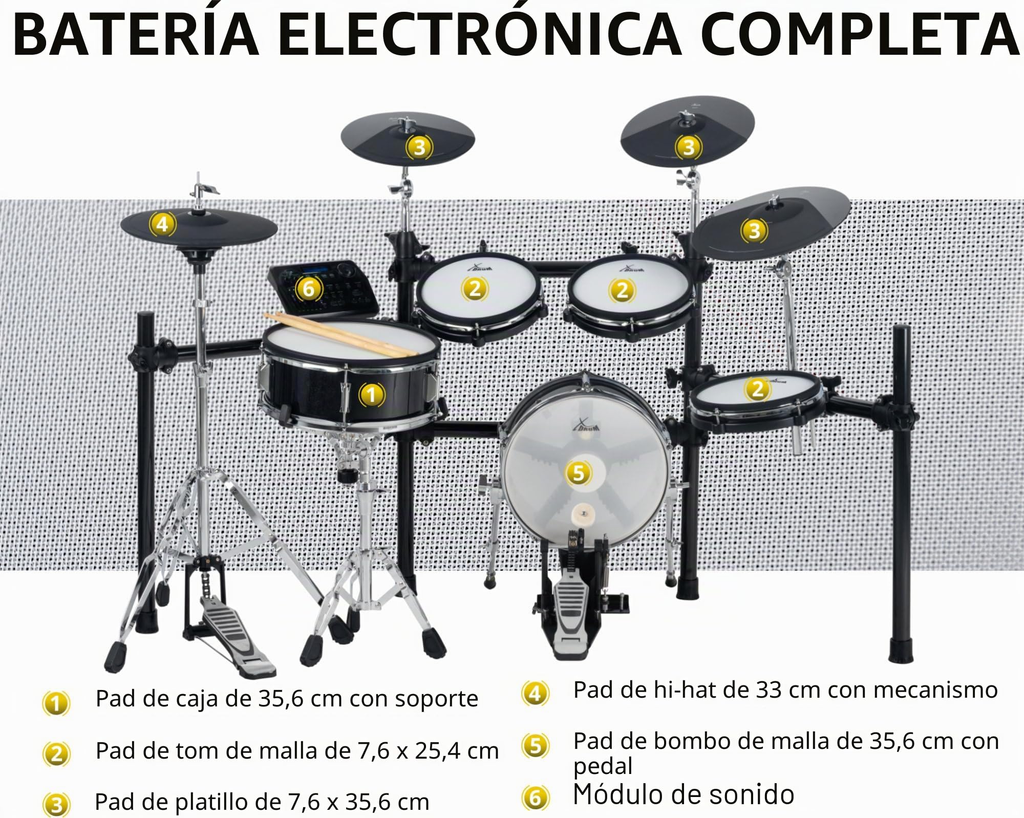XDrum DD-650 Mesh E-Drum Kit Set, Set de Batería Electrónica, Módulo | Batería electrónica con parches mesh de doble capa, 1x pad de caja dual-zone de 14" con caja de madera, Metrónomo integrado