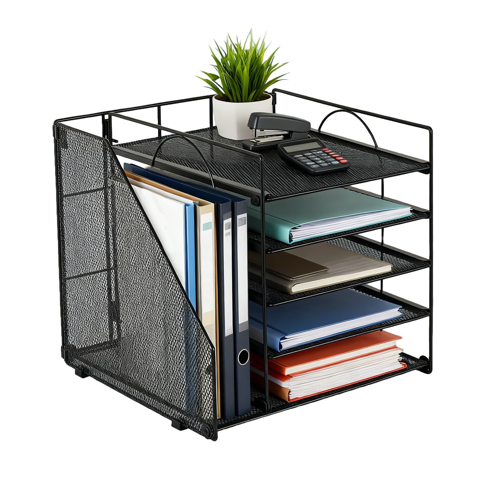 Mesh Desk Organiser Tray 5-Tier, Letter Magazine Book Paper Tray with File Holder, Desk Accessories for Organisation, Storage, Home Office Supplies (Black)