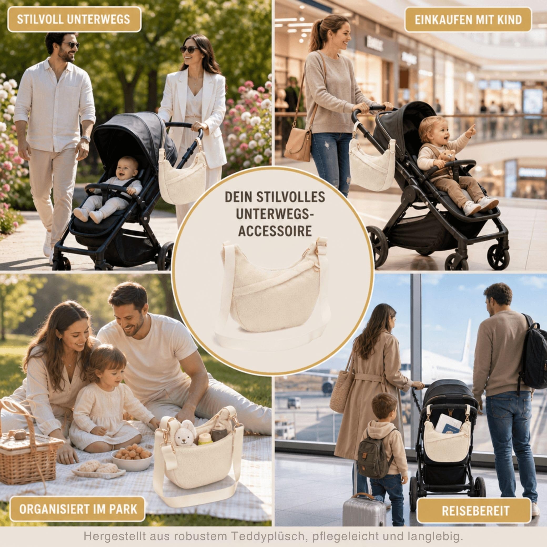 Fillikid Buggy Organizer Daybag | Stilvolle Kinderwagen-Tasche aus Teddyplüsch | Weich & luxuriös | Mit praktischer Fächeraufteilung | Ideal für Windeln, Snacks & mehr | Einfache Befestigung