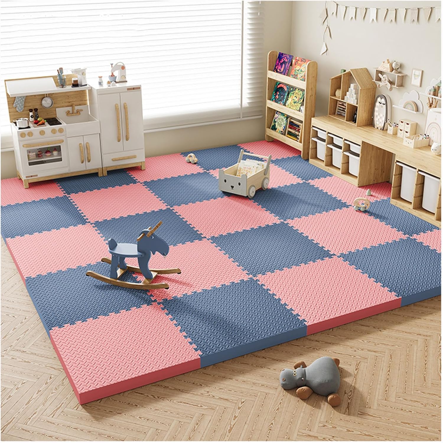 LoiYtrd Foam Floor Interlocking Foam Tiles 30x30cm Square Soft Foam Play Mat 1" Thick Puzzle Exercise Mat(Pink+Blue-gray,16PCS)