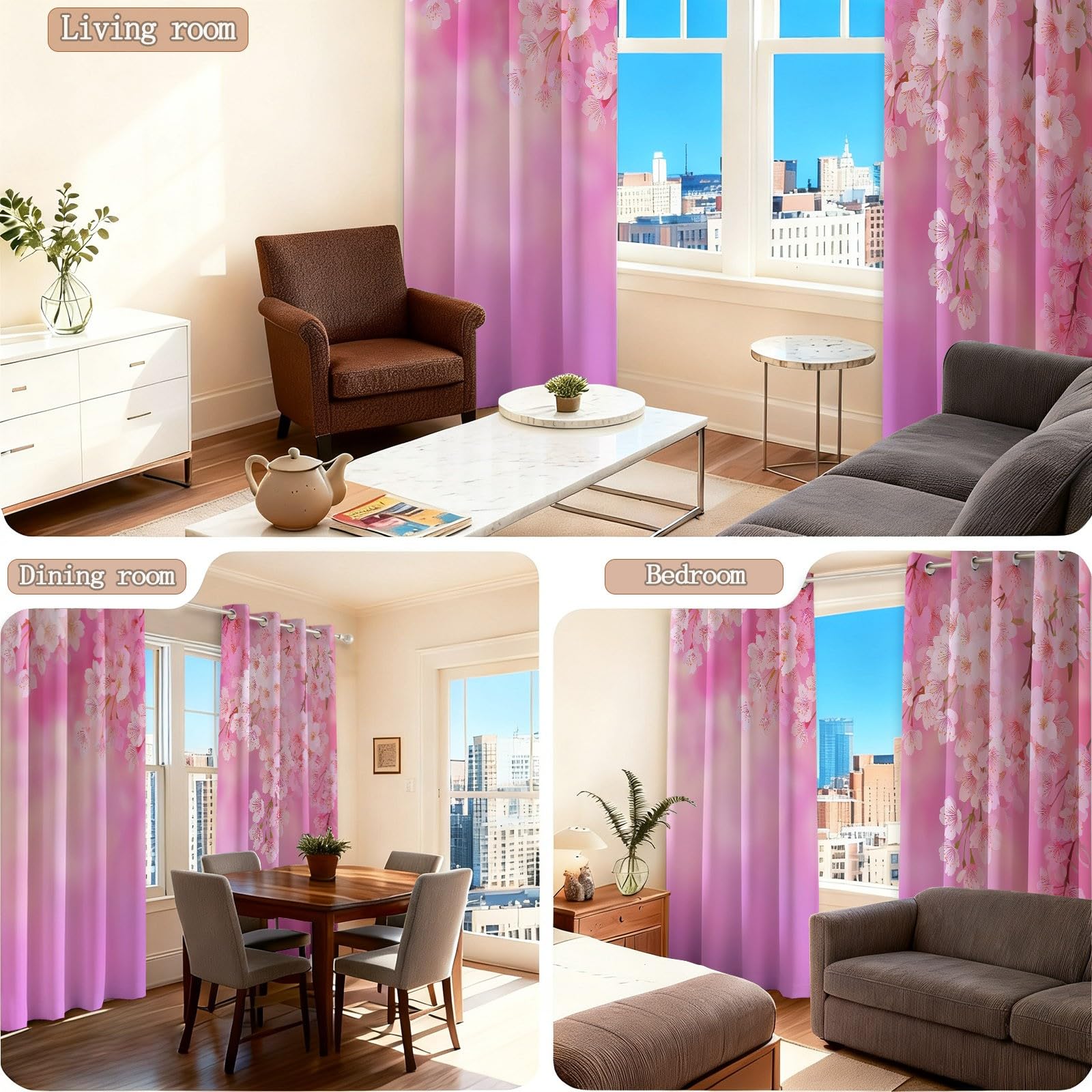 Verdunkelungsvorhänge H160 x B70 cm 2 Paneele, Geräuschreduzierung & Wärmeisolierung Feine Frühlingshafte Elegante Kirschblüten Vorhänge Blickdicht für Schlafzimmer Wohnzimmer Kinderzimmer, Rosa