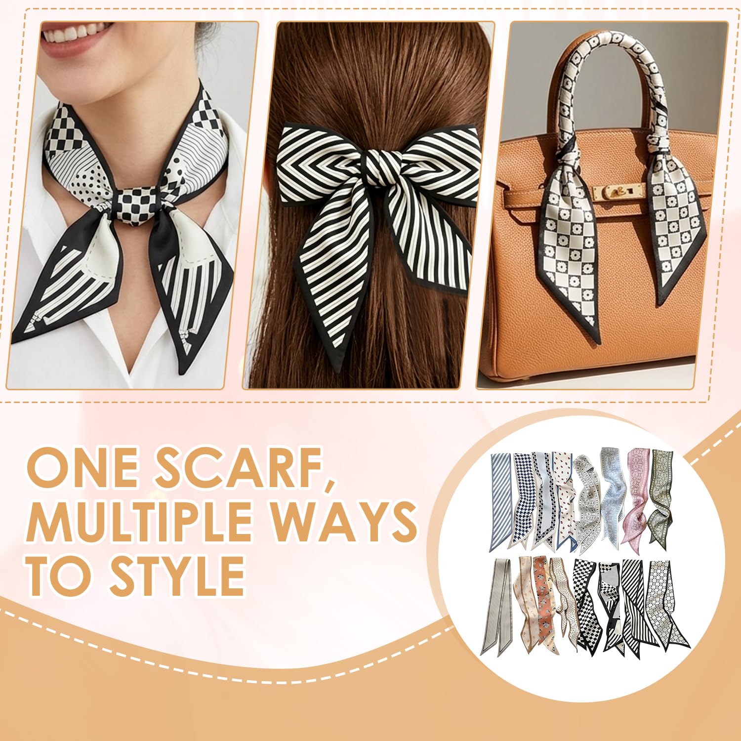 Bufanda estrecha de satén para bolsos, cuello, diadema y accesorios para el cabello — Bufanda de estilo bohemio para mujer