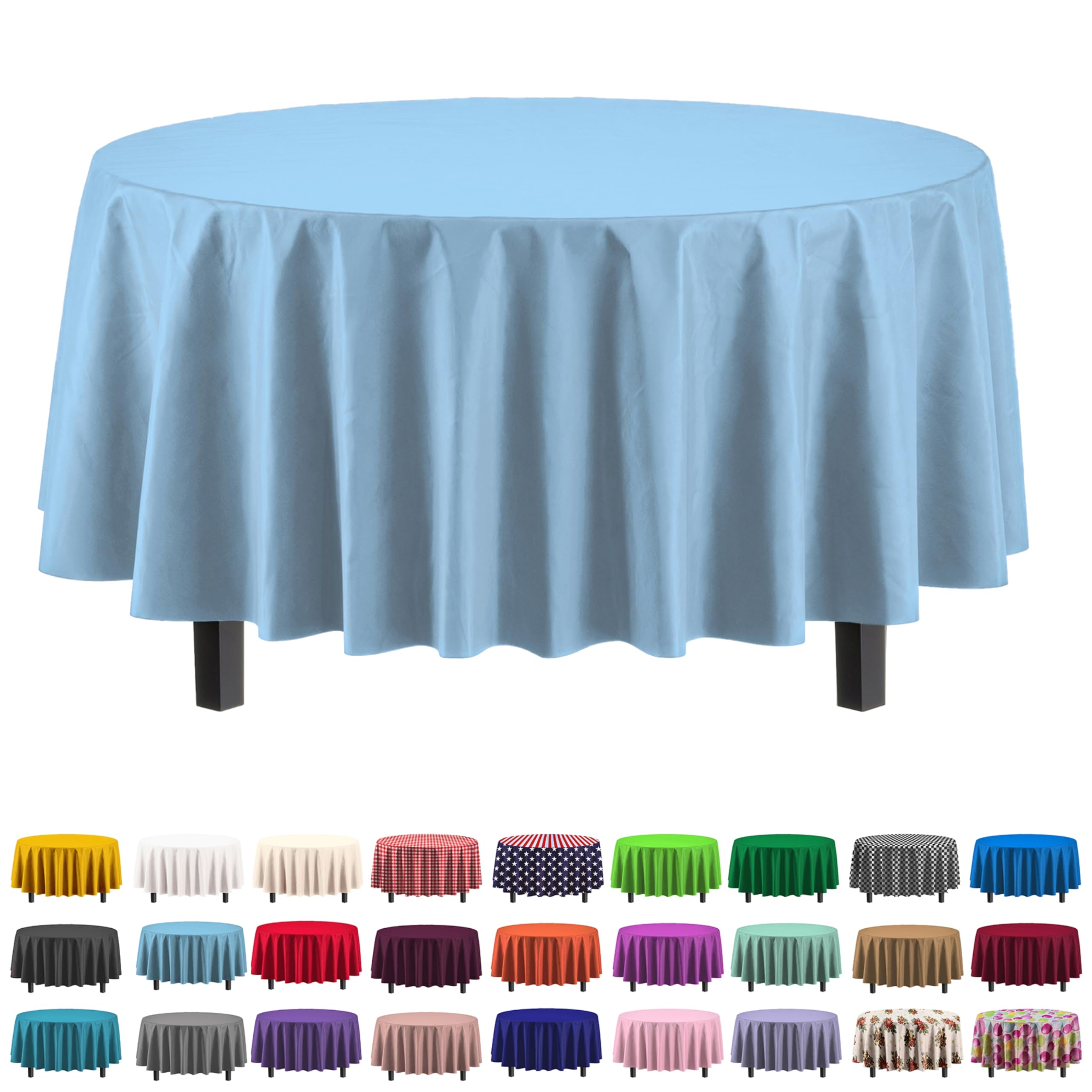 Nappe ronde bleu jetable en plastique de 213 cm pour table de fête en lot de 12
