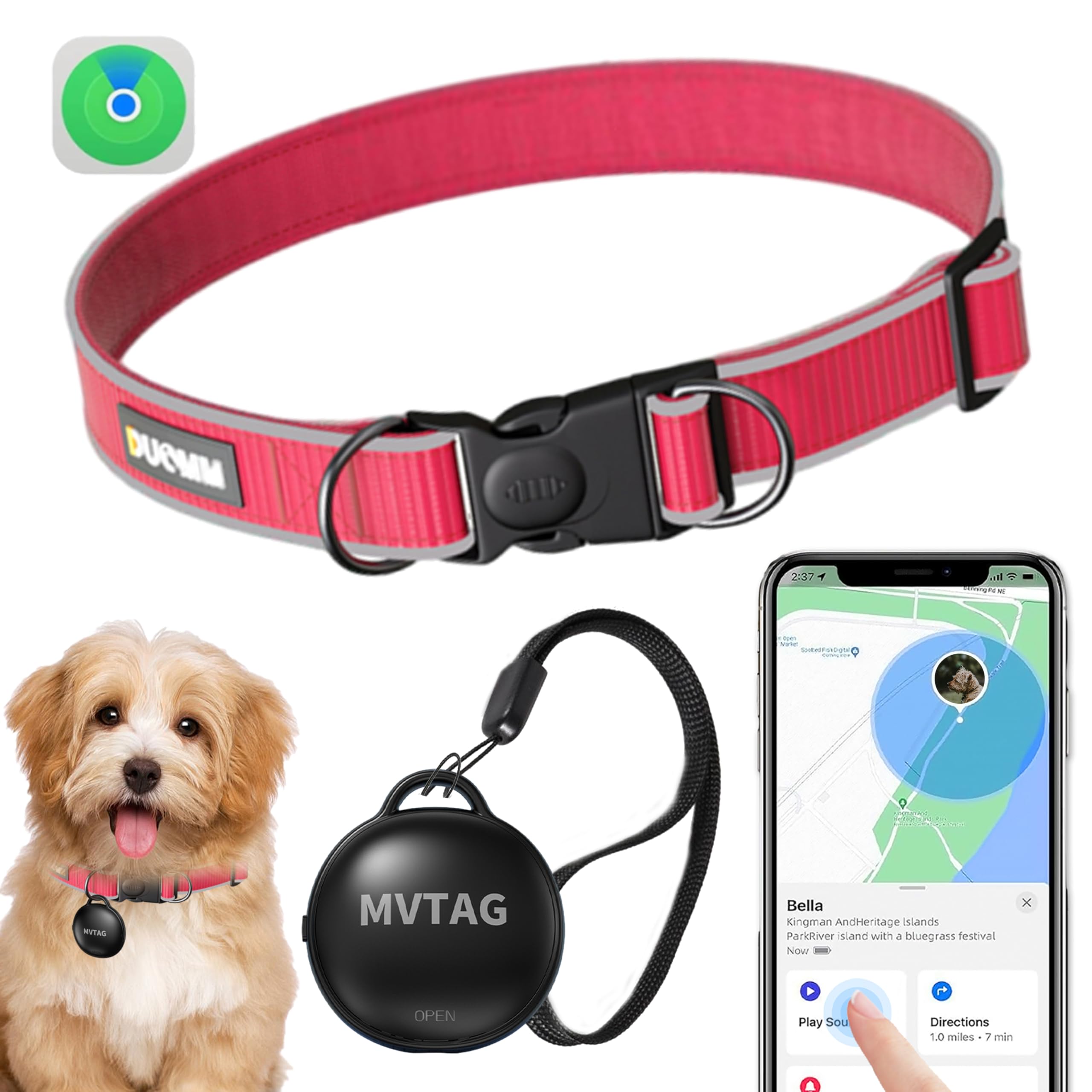 Dog Tracker GPS Collar No Monthly Fee, Real-Time Mini Pet Tracker for Small Medium Large Dogs, Reflective Waterproof Dog Tracking Collar with Bell, Indoor & Outdoor (Only for iOS)