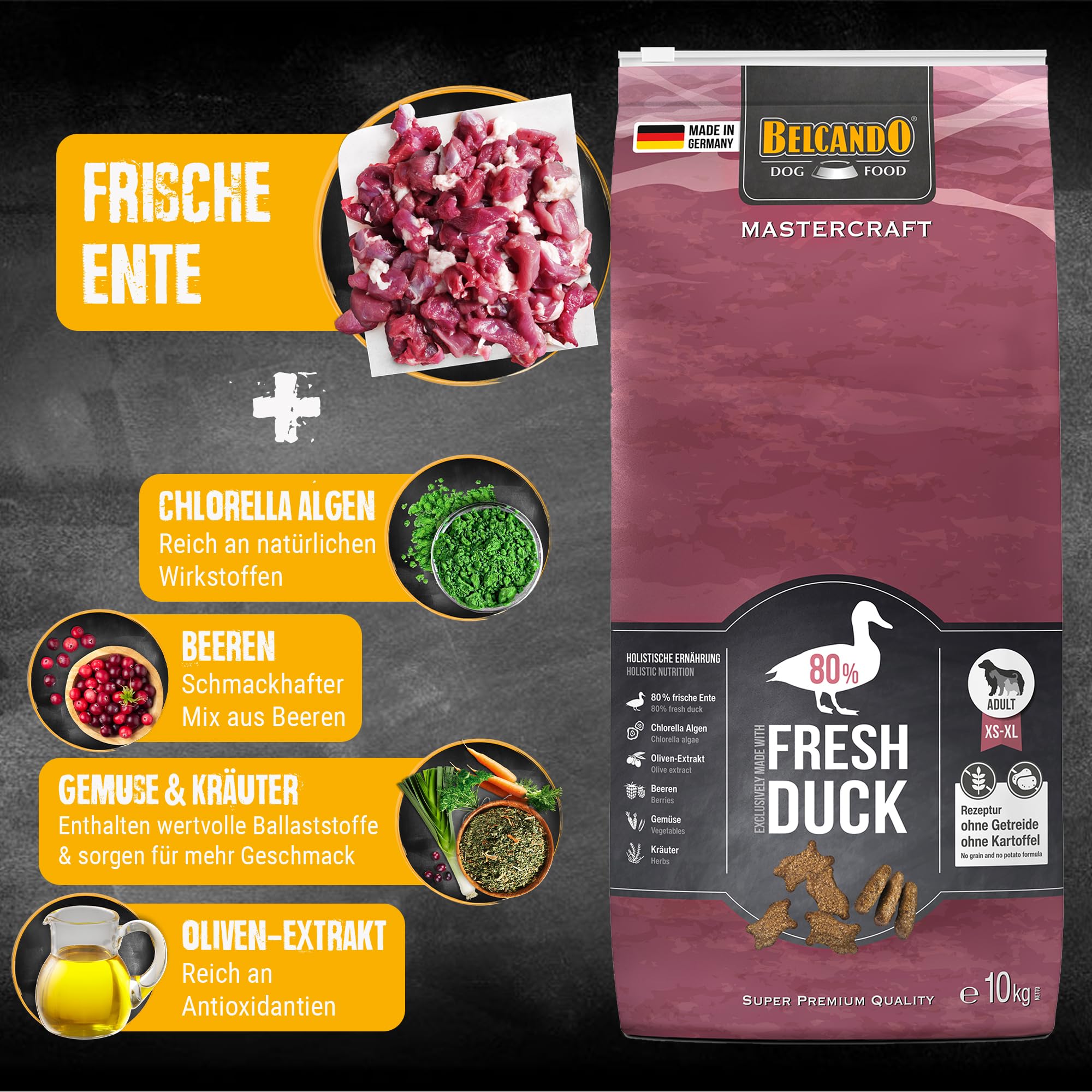 BELCANDO MASTERCRAFT Hundefutter trocken Fresh Duck, 10kg, Trockenfutter für Hunde mit Ente, 80% Frischfleisch, getreidefrei, für alle Rassen, Made in Germany