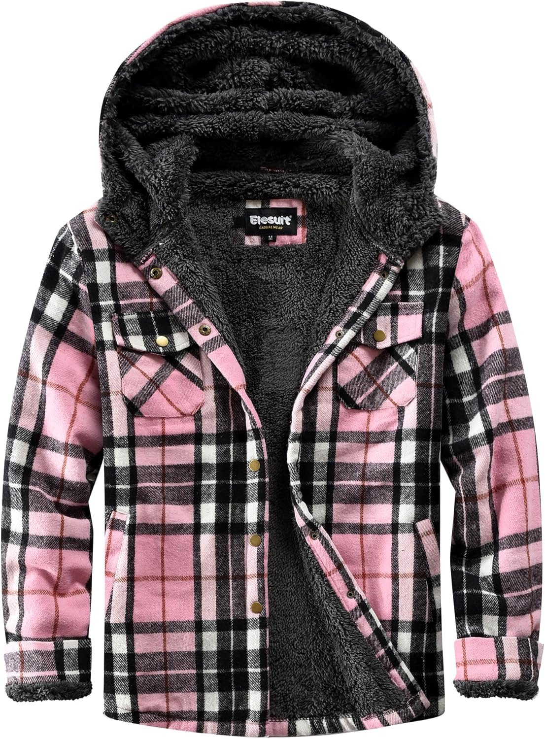 Elesuit Women's Fleece Flannel Jacket Plaid Sherpa Lined Jacket Long Sleeve Button Down Hooded Jackets for Women