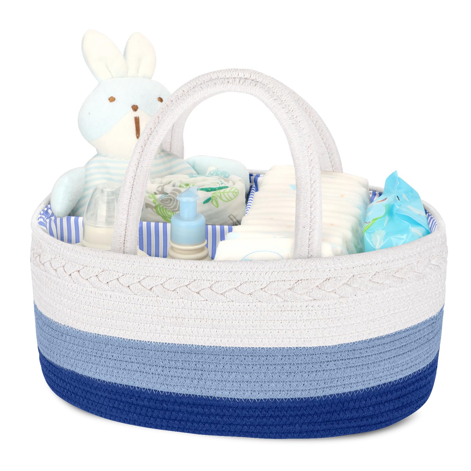 Maliton Nappy Caddy, Cotton Rope with Removable Dividers, White&blue, Medium