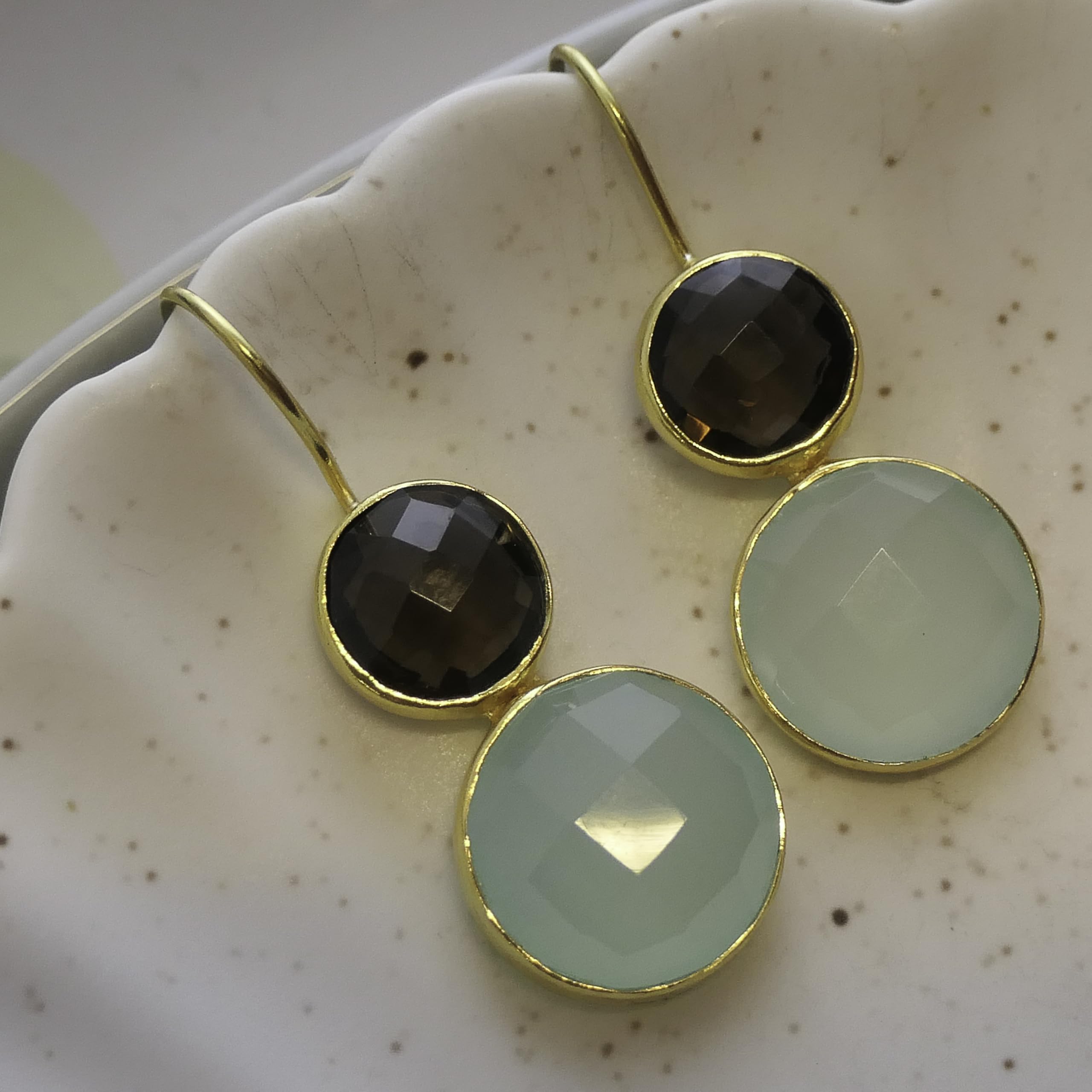 Rauchquarz & Aqua Chalcedon Edelstein Ohrringe | Hängende Ohrringe Damen Gold Silber 925 Vergoldet 4cm, Handgefertigt von GIA-Gemmologin Geschenk zum Geburtstag