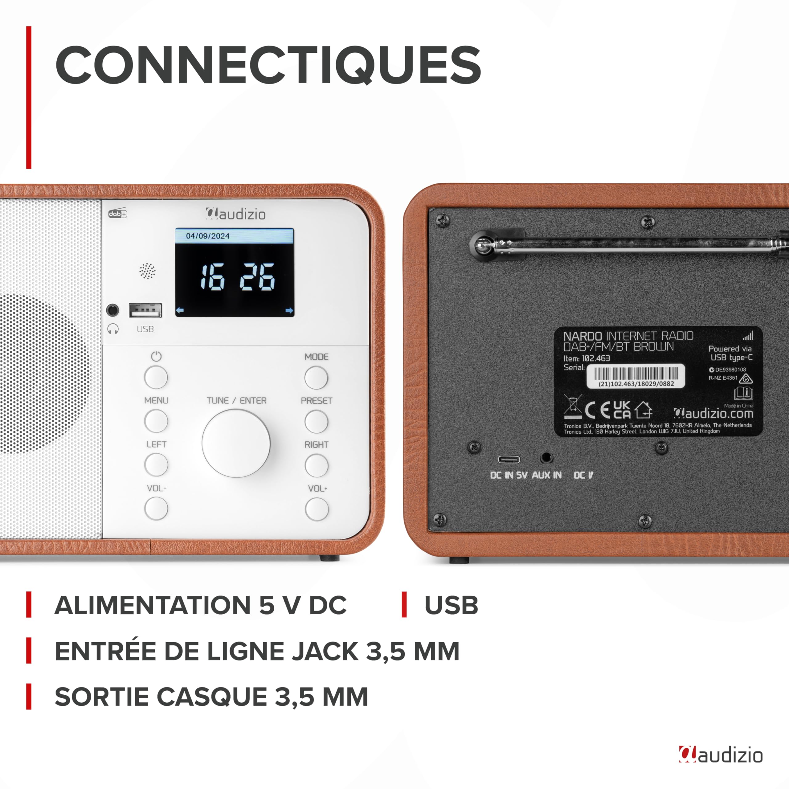 Audizio Nardo Radio Réveil Internet WiFi - Blanc, Dab+ & FM, Bluetooth, Météo, 32 000 Stations, Télécommande, Lecteur MP3 USB, Idéal pour Écouter Vos Stations Radios Préférées