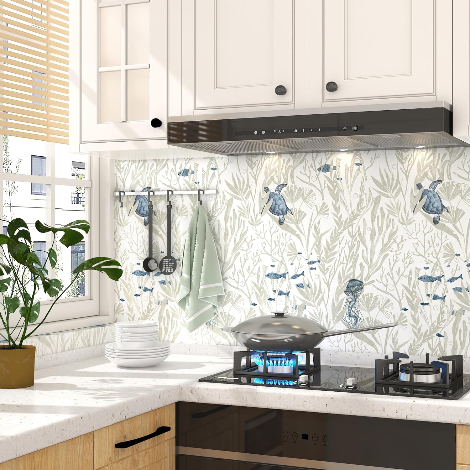 tiltil Ocean Wallpaper Peel and Stick 17.3" x 78.8" Beige Removable Wallpaper Modern Contact Paper for Cabinets Self Adhesive Wall Paper for Bedrooms Wallpapers Bathroom Cabinets Decor Vinyl Roll