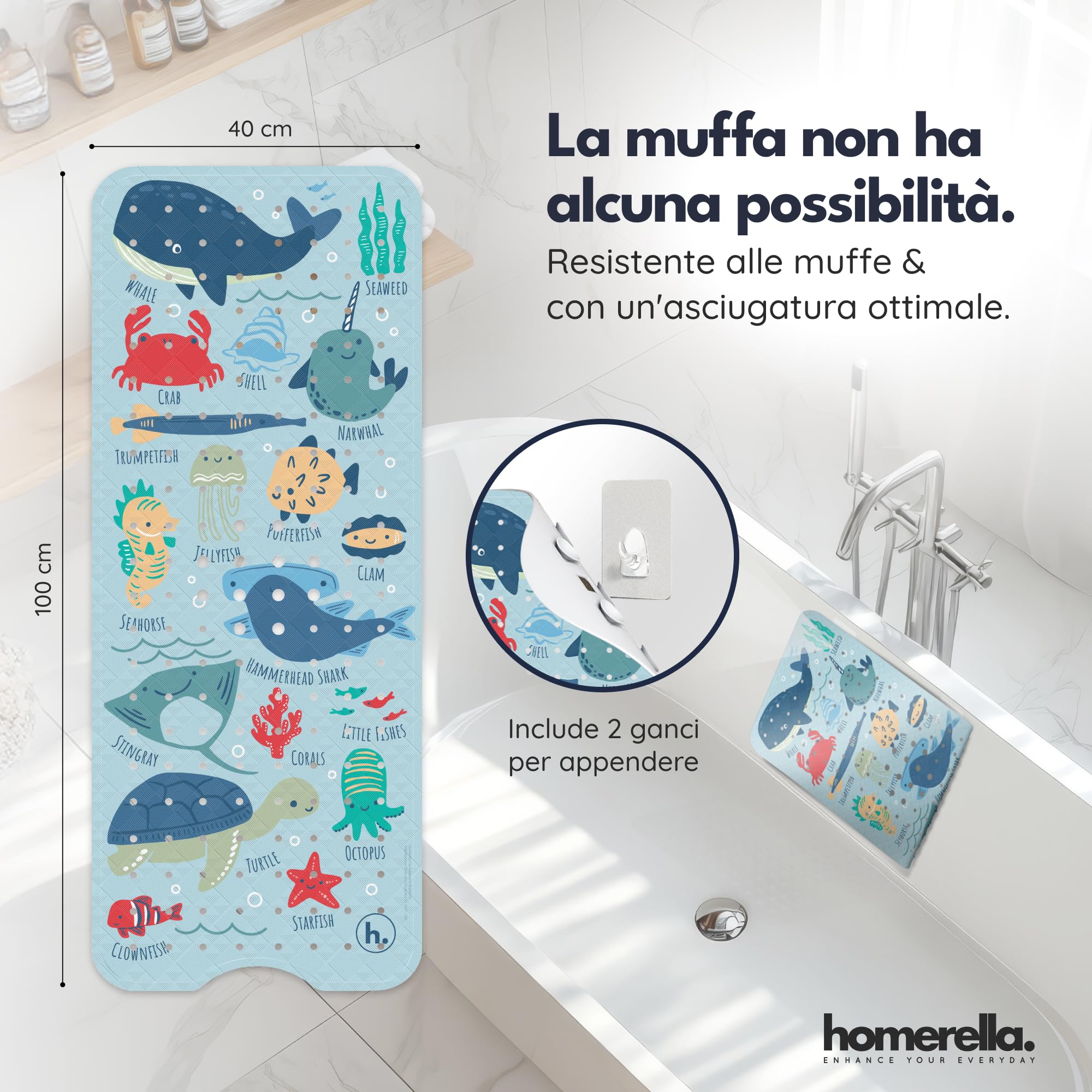 homerella® Tappetino antiscivolo vasca da bagno bambini 100 x 40 cm | Tappeto antiscivolo doccia bambini | Extra confortevole e antibatterico | INCL. GANCI (Turquoise)