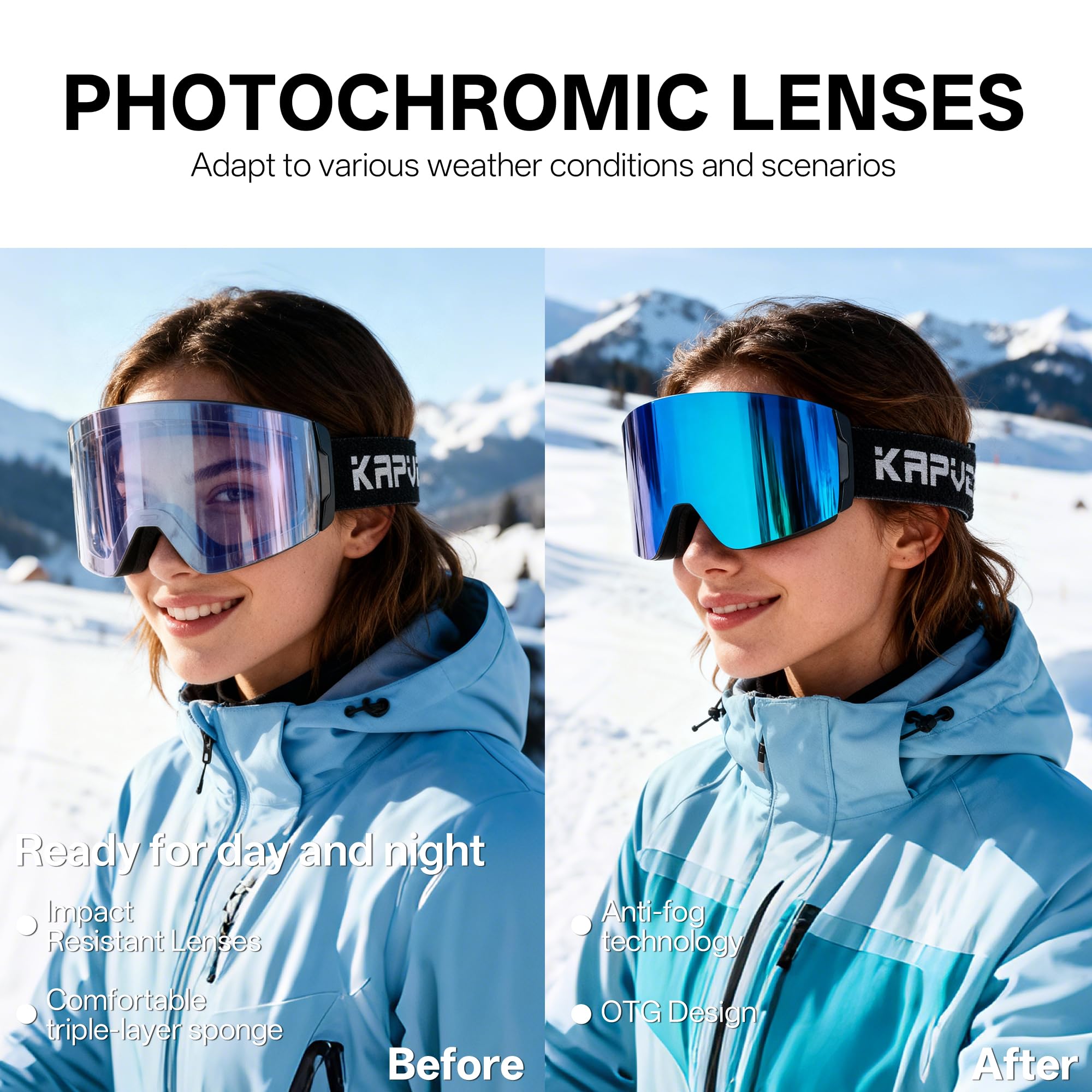 KAPVOE Gafas de Esquí Fotocromaticas OTG para Hombre y Mujer Antivaho Transparente Gafas de Snowboard UV400 K0718